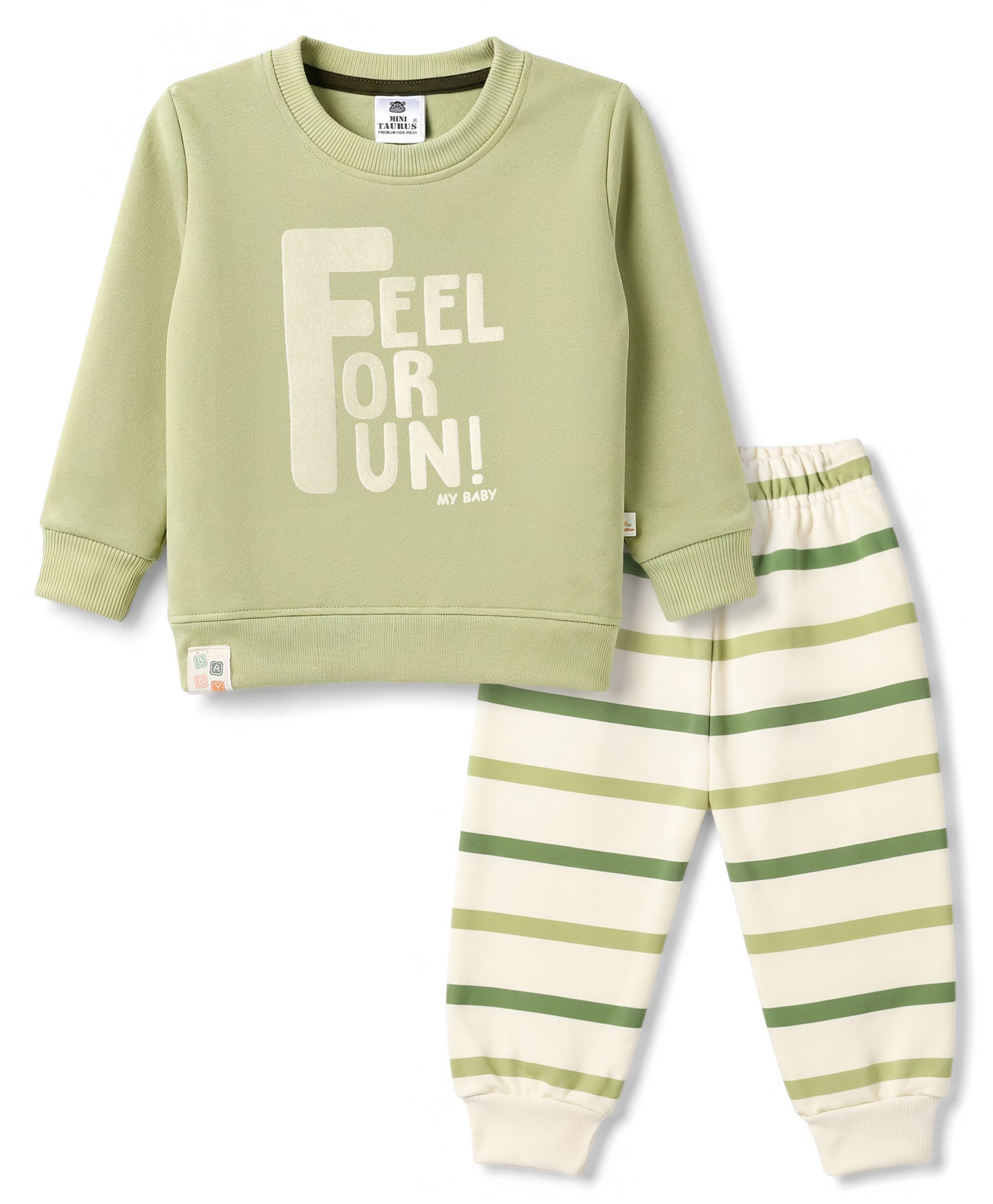 Mini Taurus Fleece Knit Full Sleeves T-Shirt & Pajama Night Suit With Stripes & Text Print - Green-image-34