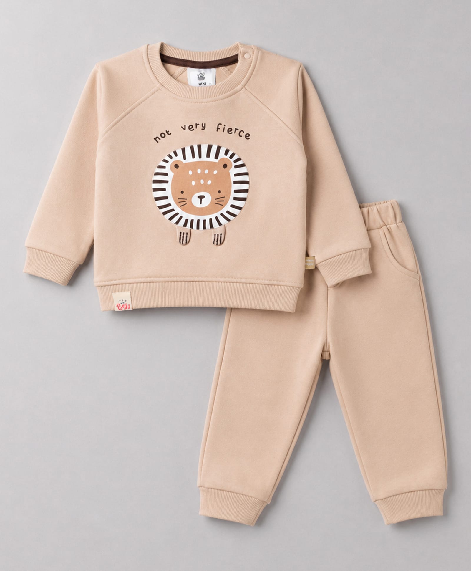 Mini Taurus Fleece Knit Full Sleeves Winter Wear T-Shirt & Lounge Pant Set Lion Print - Beige-picture-16