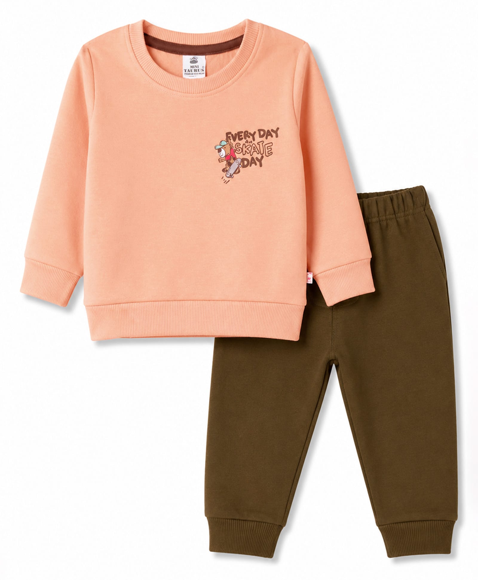Mini Taurus Fleece Knit Full Sleeves Winter Wear T-Shirt & Lounge Pant Set Bear Print - Orange-image-45