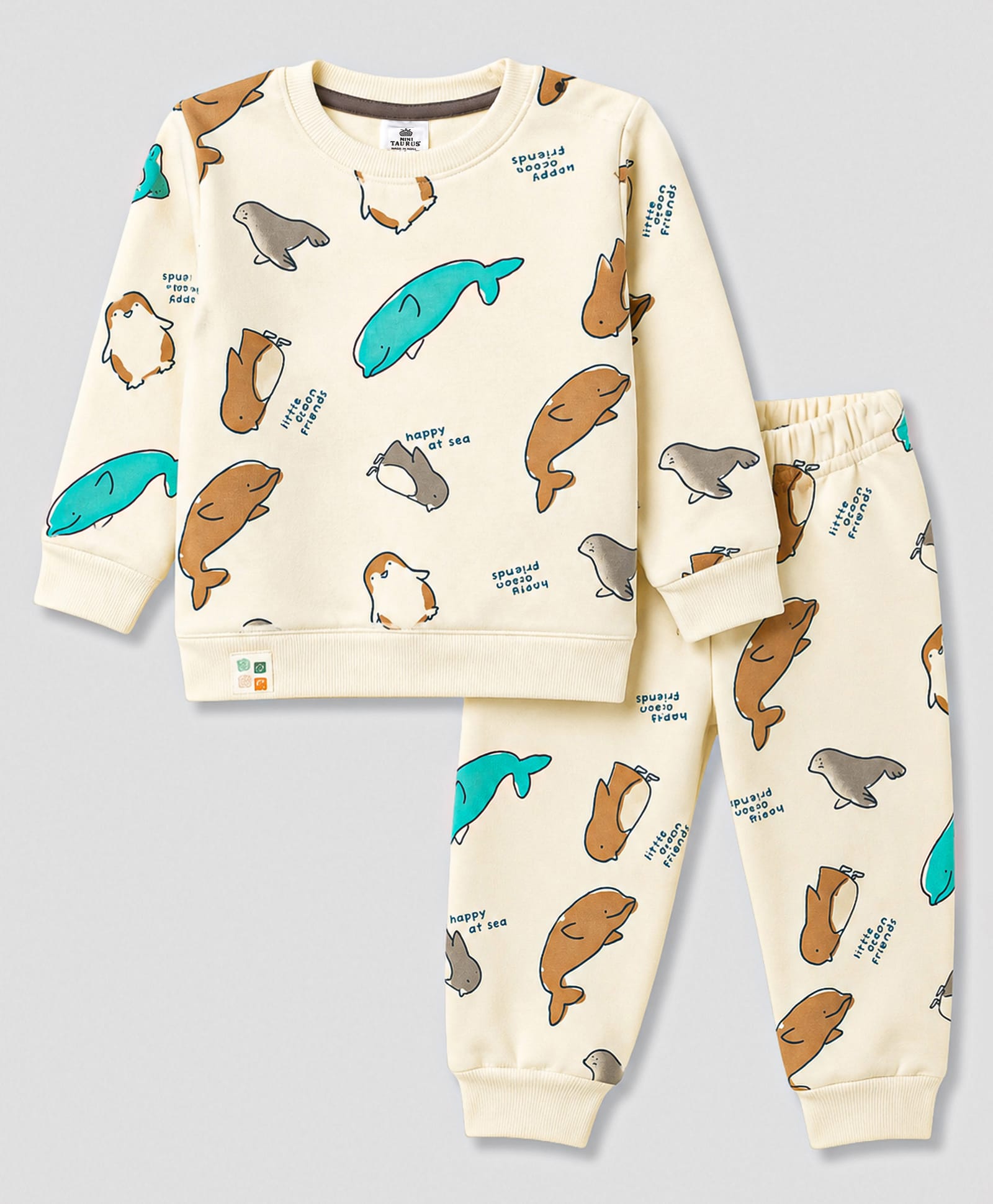 Mini Taurus Fleece Knit Full Sleeves Co-ord T-Shirt & Pyjama Winter Night Suit with Sea Life Print - Cream-image-40
