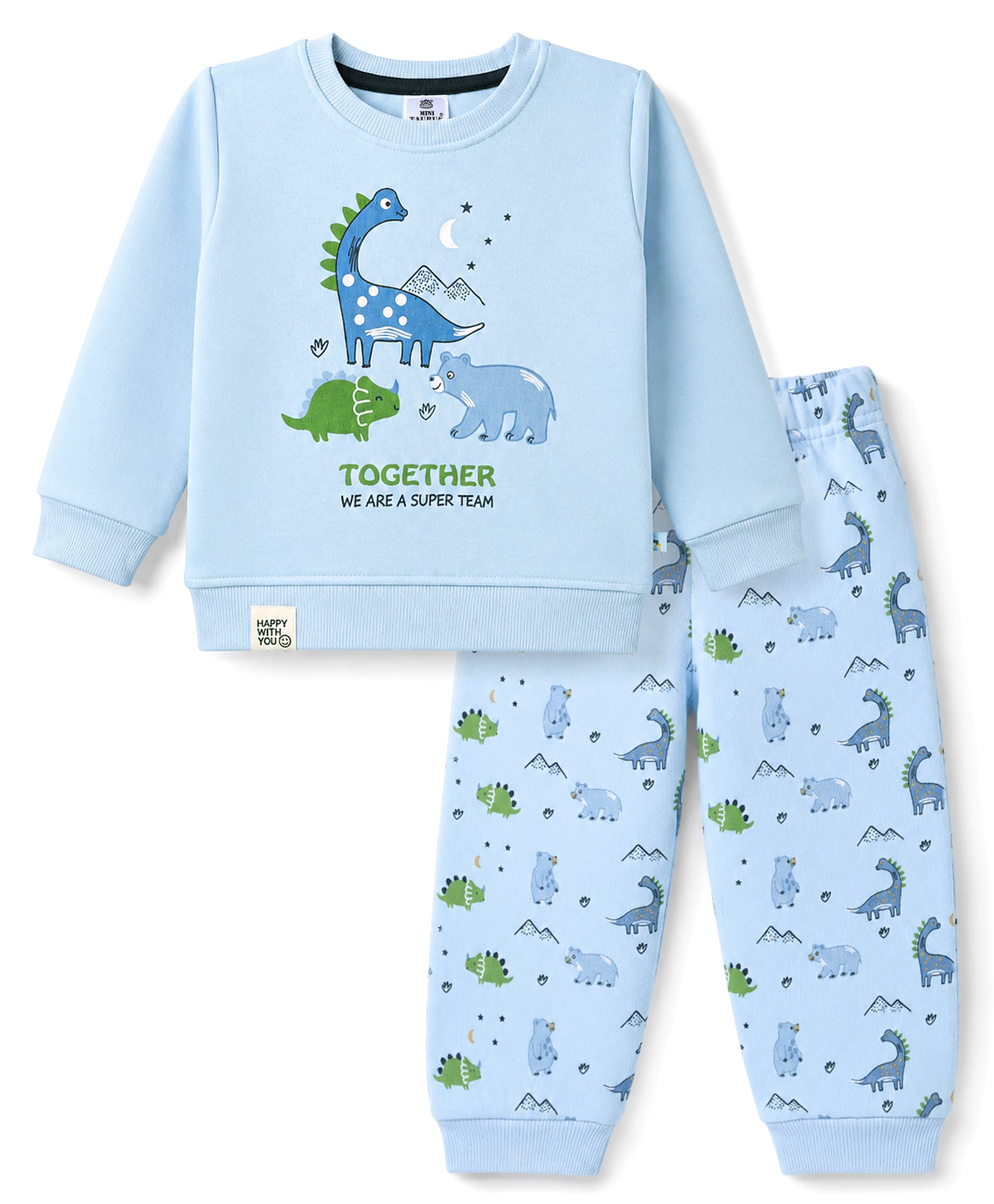 Mini Taurus Fleece Knit Full Sleeves T-Shirt & Pyjama Winter Night Suit with Dino Print - Sky Blue-picture-36