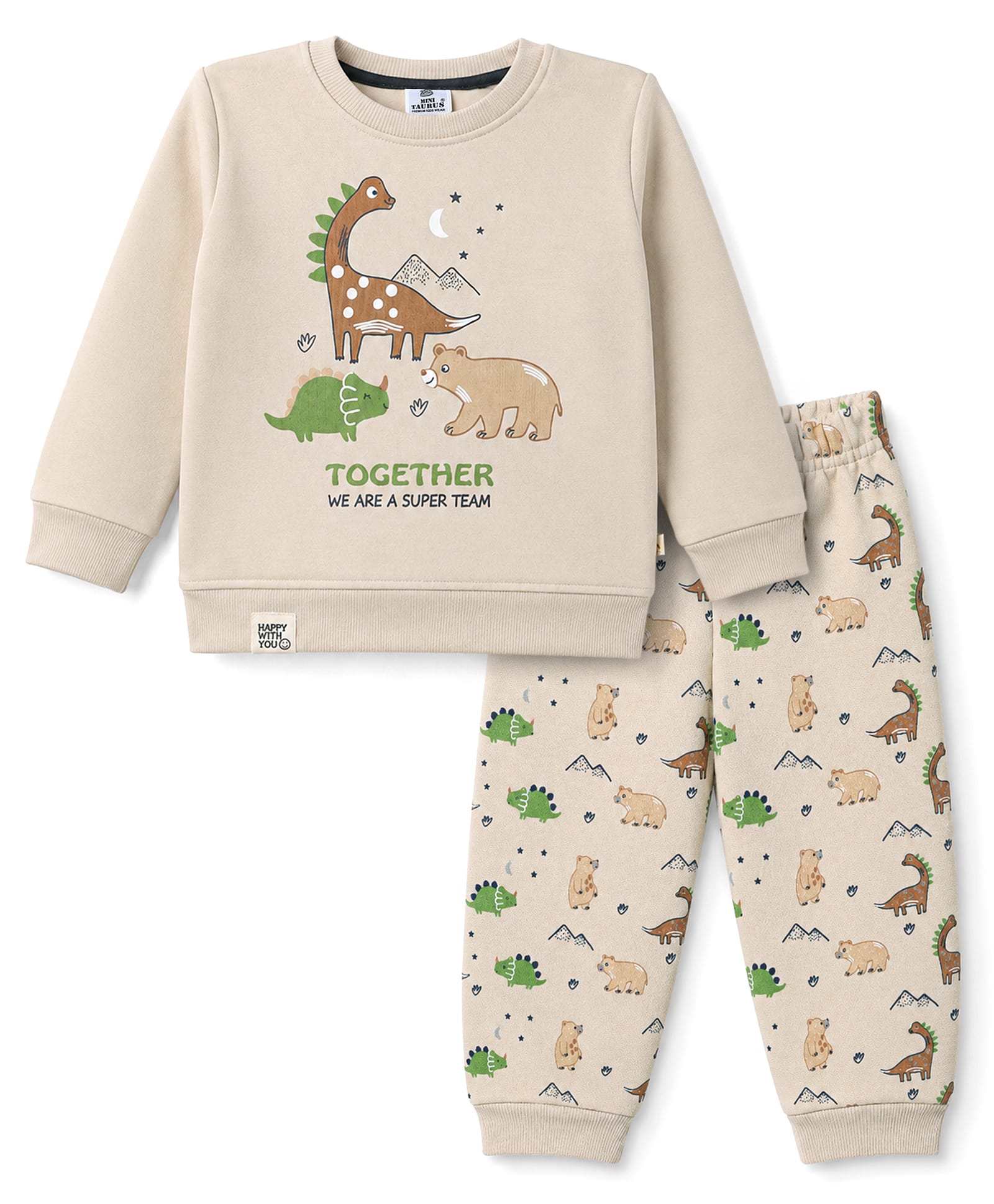Mini Taurus Fleece Knit Full Sleeves T-Shirt & Pyjama Winter Night Suit with Dino Print - Sky Beige-picture-15
