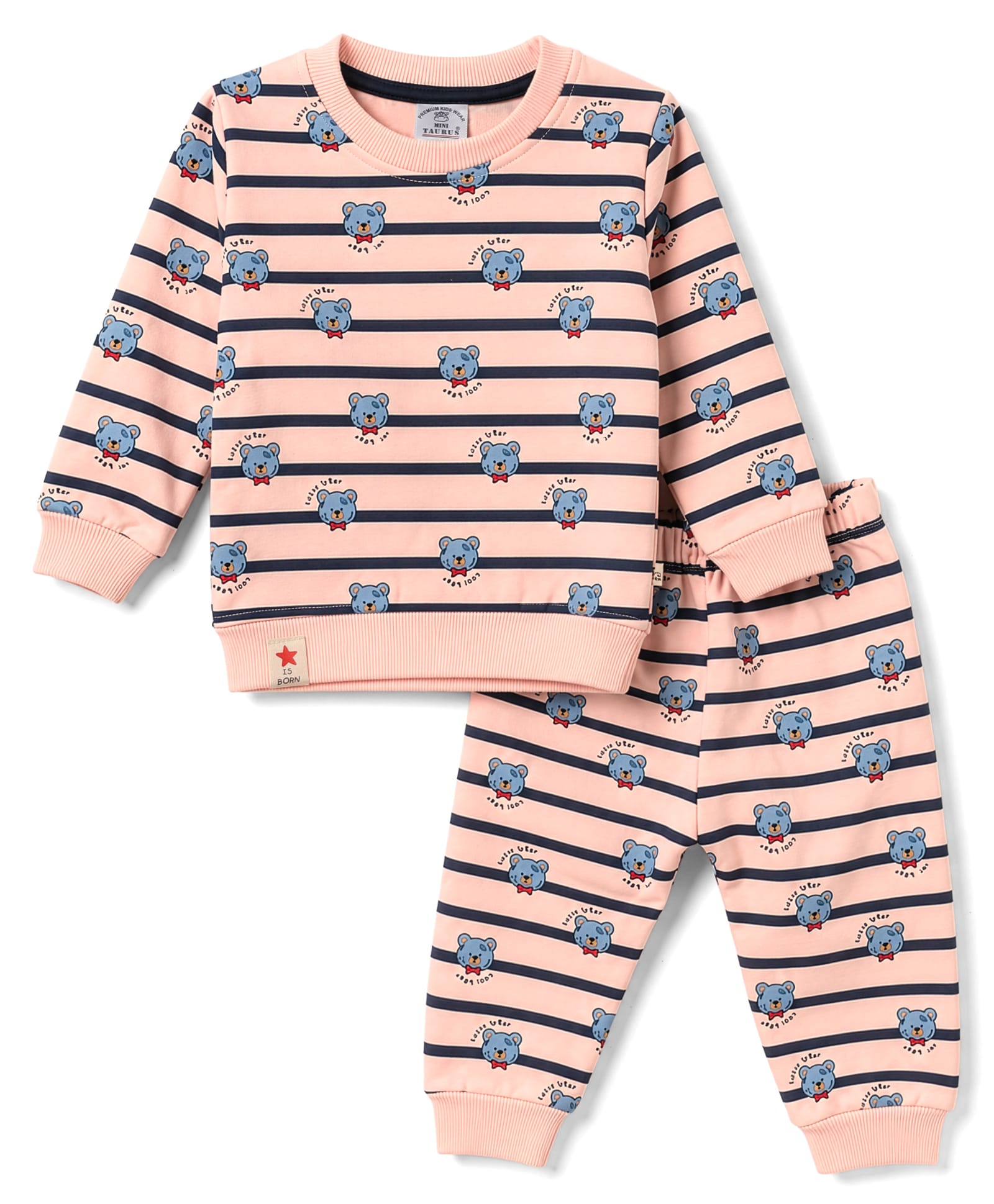 Mini Taurus Fleece Knit Full Sleeves Co-ord T-Shirt & Pyjama Winter Night Suit with Bear Print - Peach-image-38