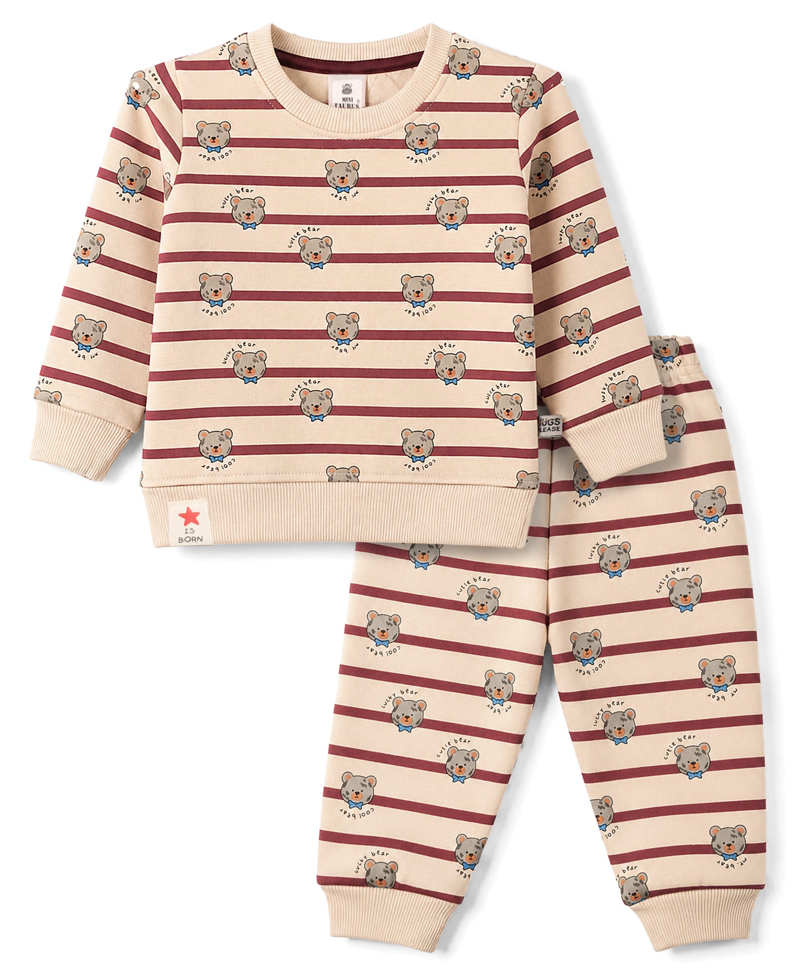 Mini Taurus Fleece Knit Full Sleeves Co-ord T-Shirt & Pyjama Winter Night Suit with Bear Print - Beige-picture-36