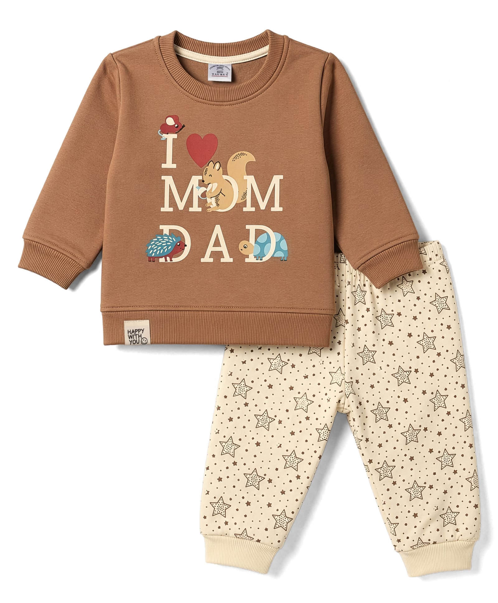 Mini Taurus Fleece Knit Full Sleeves T-Shirt & Pyjama Winter Night Suit with Squirell Print - Khaki-picture-30