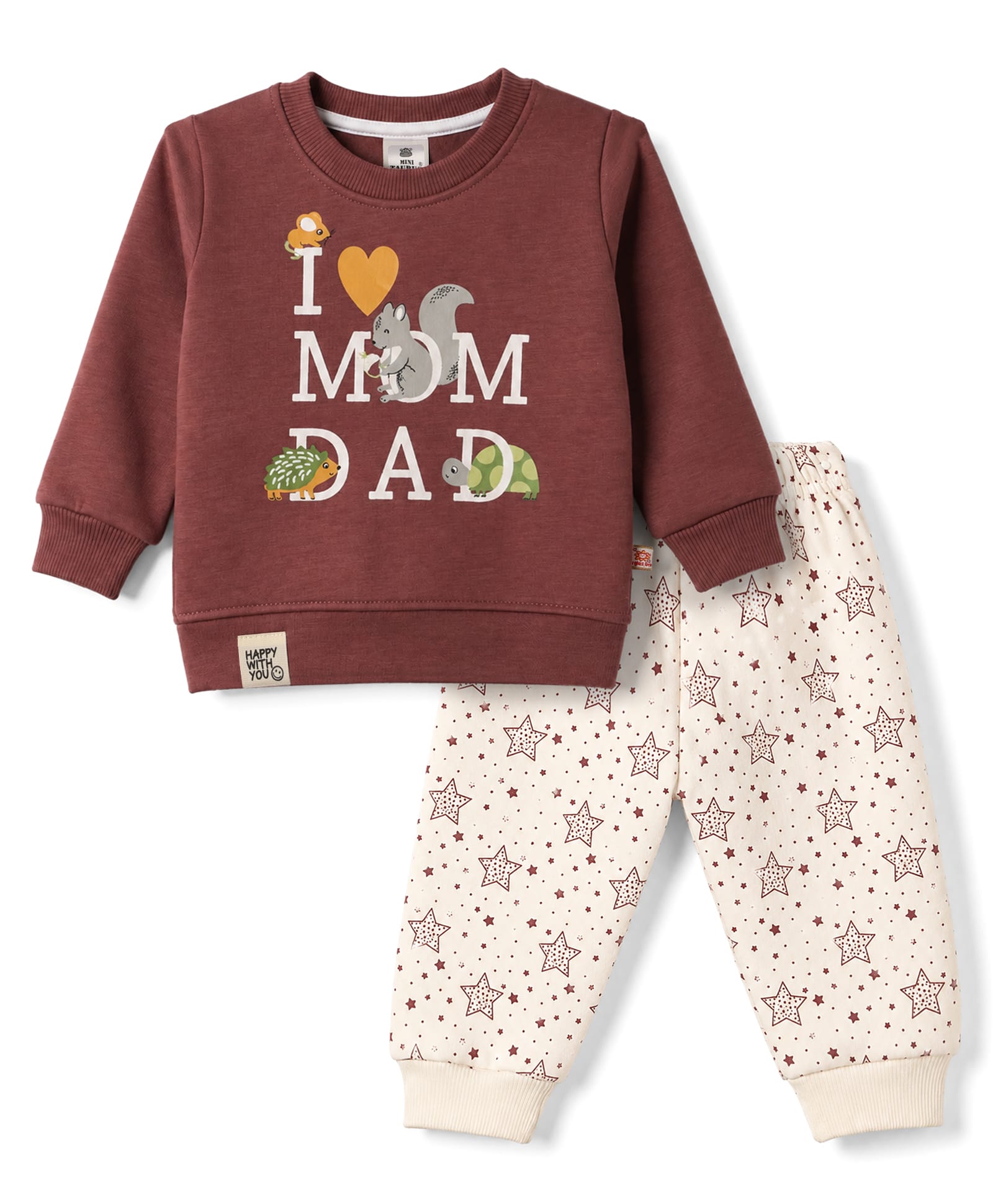 Mini Taurus Fleece Knit Full Sleeves T-Shirt & Pyjama Winter Night Suit with Squirell Print - Mauve-picture-8