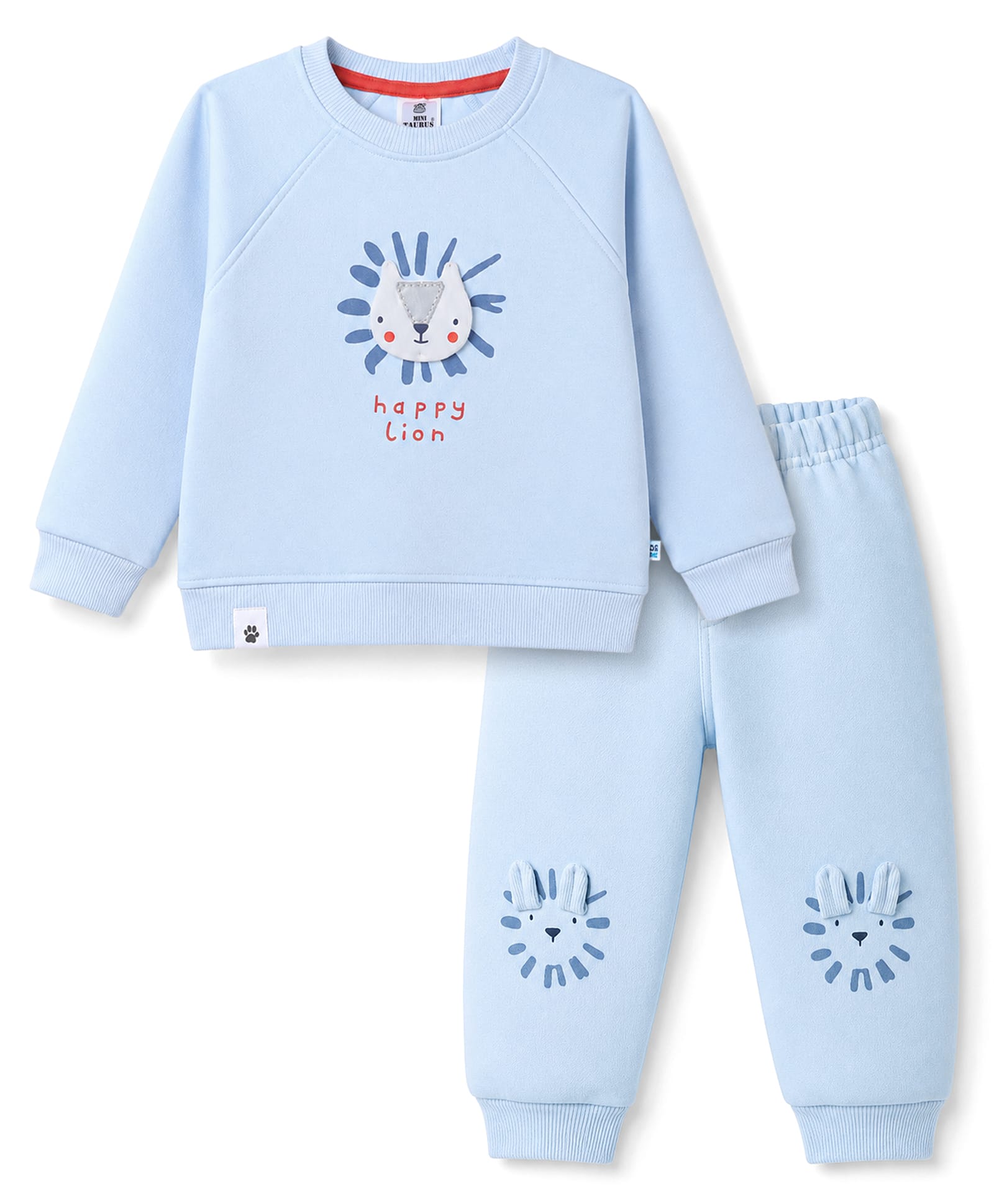Mini Taurus Fleece Knit Full RaglanSleeves T-Shirt & Pyjama Winter Night Suit with Lion Print - Sky Blue-image-20
