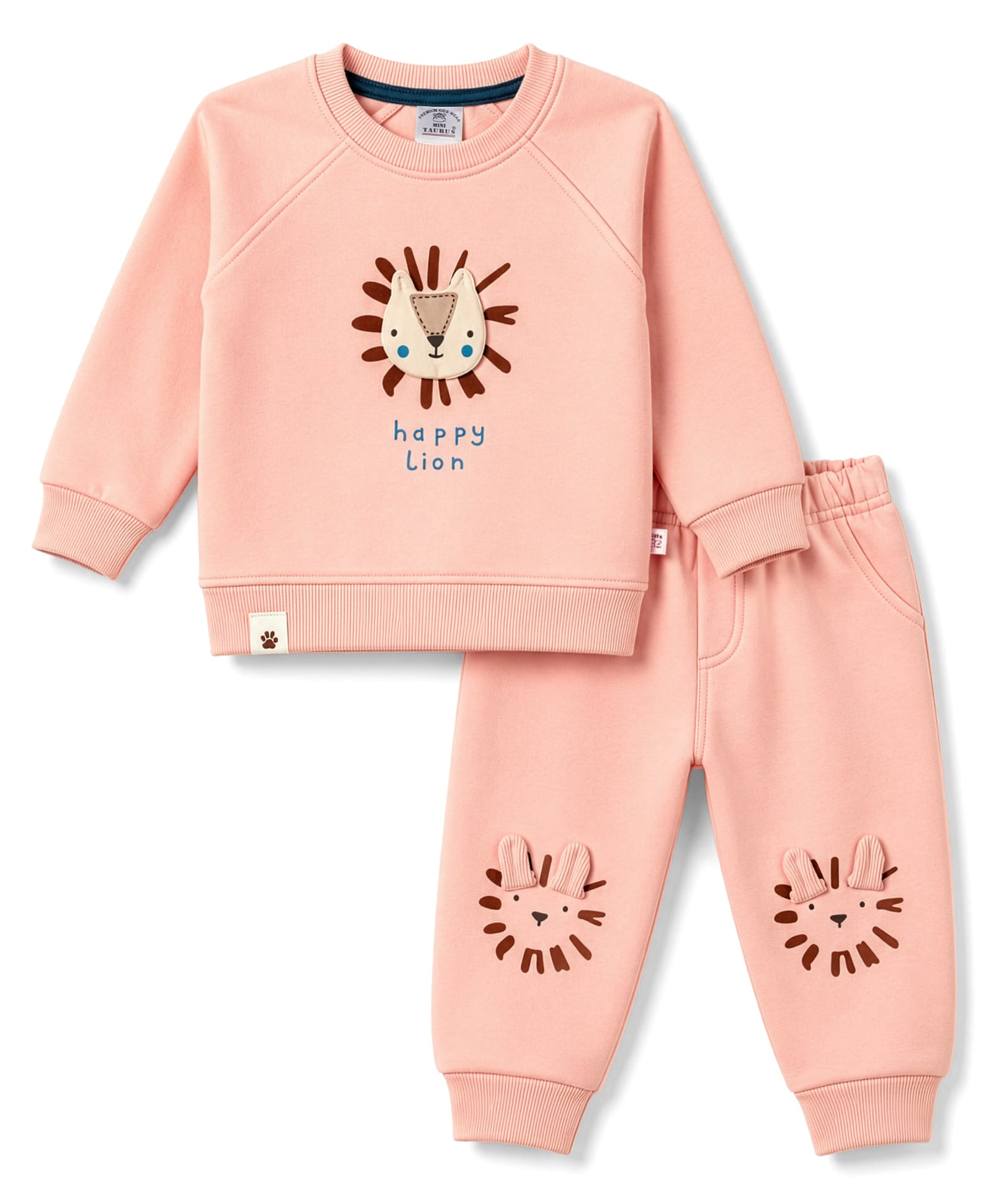 Mini Taurus Fleece Knit Full RaglanSleeves T-Shirt & Pyjama Winter Night Suit with Lion Print - Peach-image-25