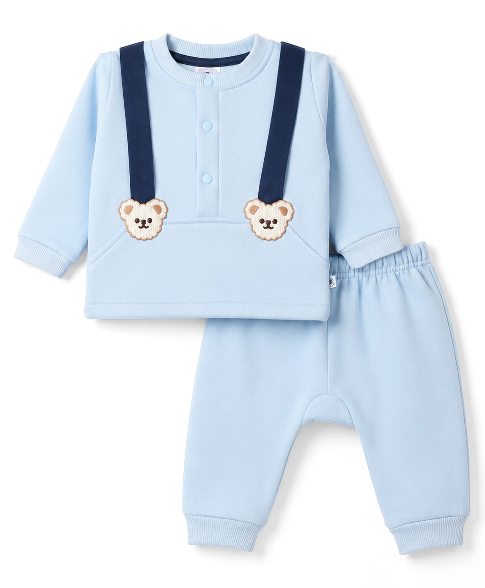 Mini Taurus Fleece Knit Full Sleeves T-Shirt & Pajama Night Suit With Bear Face Patch - Sky-image-31