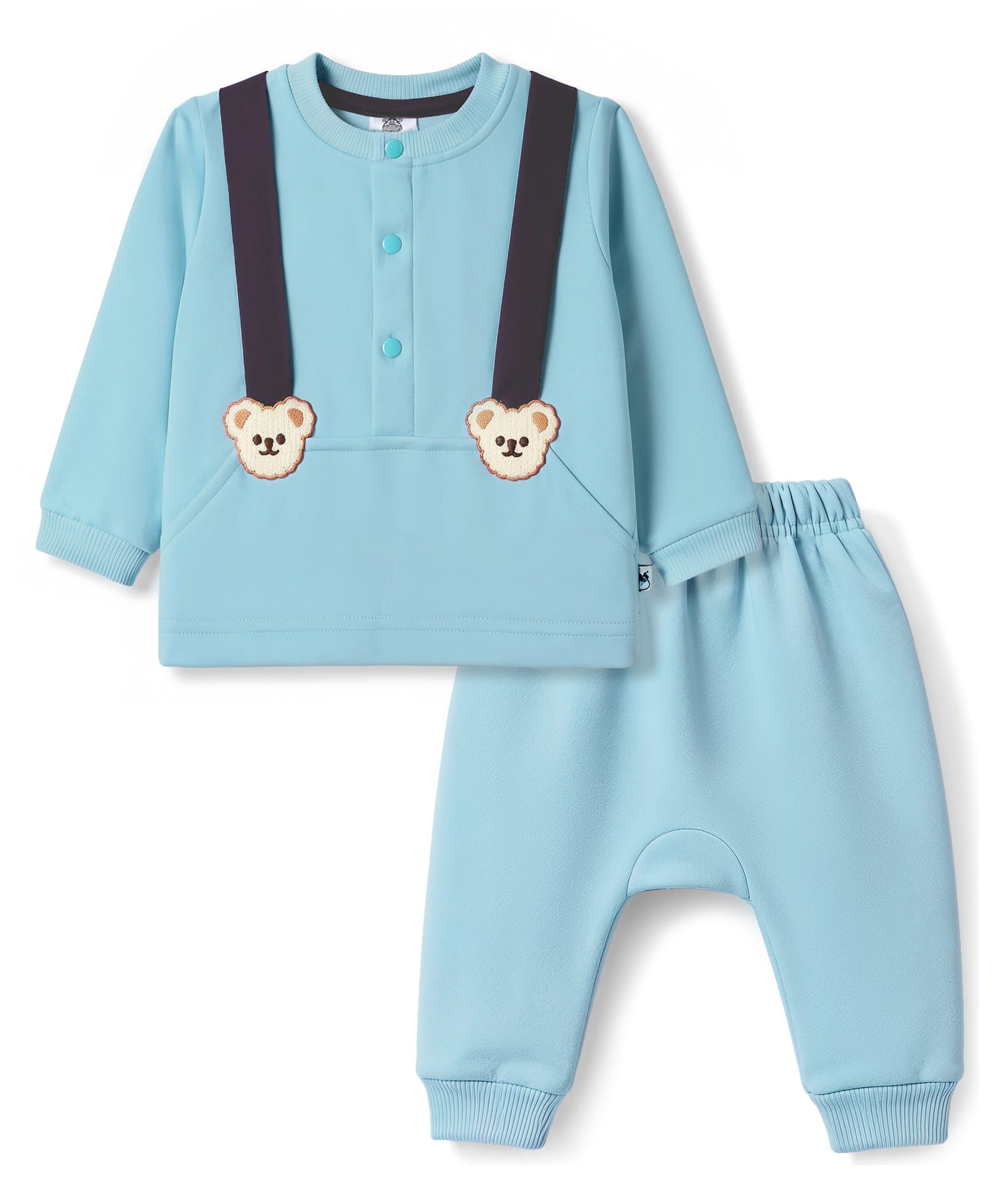 Mini Taurus Fleece Knit Full Sleeves T-Shirt & Pajama Night Suit With Bear Face Patch - Sky-image-29