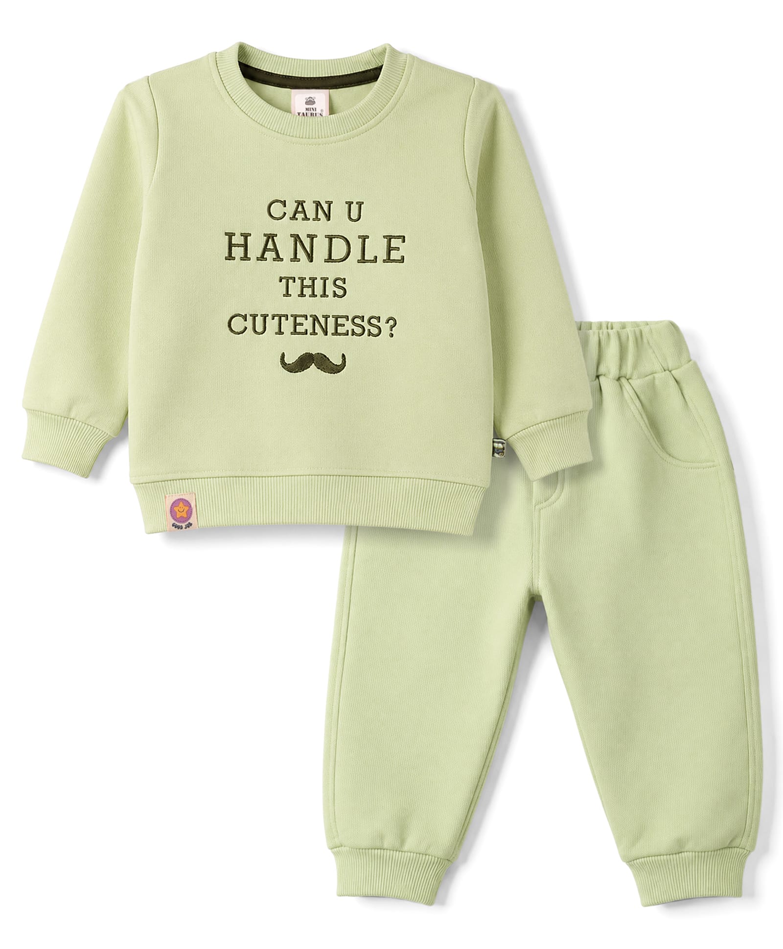 Mini Taurus Fleece Knit Full RaglanSleeves T-Shirt & Pyjama Winter Night Suit with Text Embroidery - Neon Green-image-39