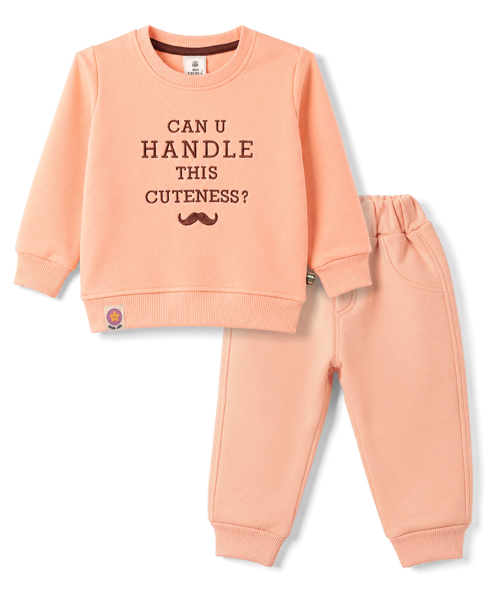 Mini Taurus Fleece Knit Full RaglanSleeves T-Shirt & Pyjama Winter Night Suit with Text Embroidery - Light Orange-image-41