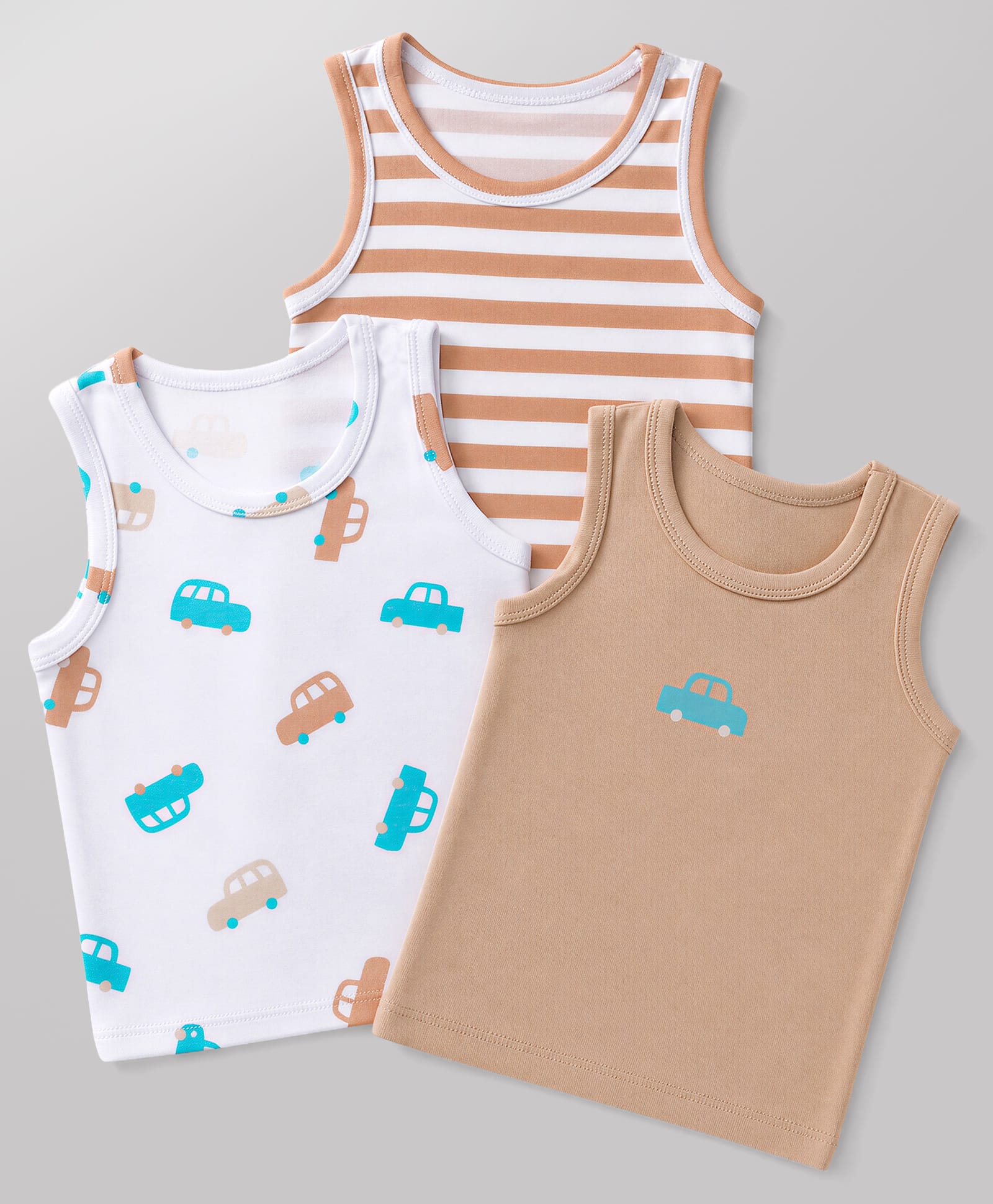 Babyhug Cotton Single Jersey Knit Sleeveless Striped Antibacterial Sando With Car Print Pack of 3 - Brown,White Red-image-24