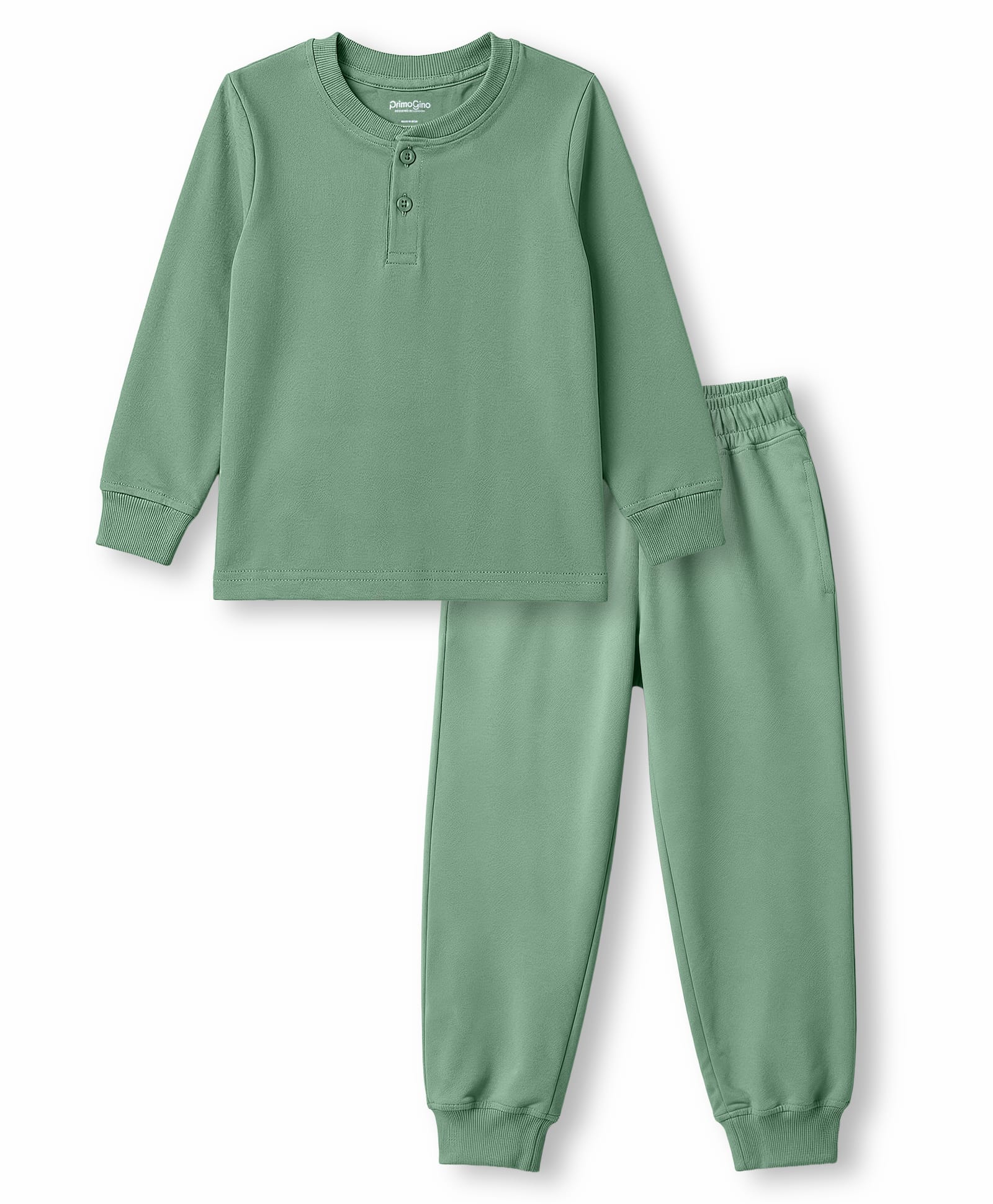 Primo Gino 100% Cotton Knit Full Sleeves Solid Color Henley T -Shirt & Pyjama Night Suit - Green-image-35