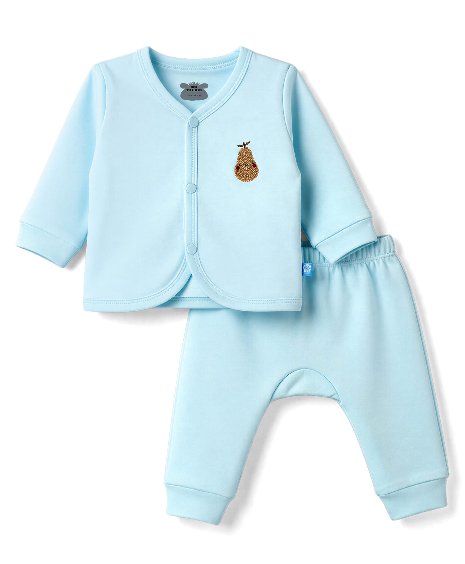 Mini Taurus Interlock Knit Full Sleeves Front Open T-Shirt & Pajama Night Suit With Fruit Embroidered -Sky-picture-22
