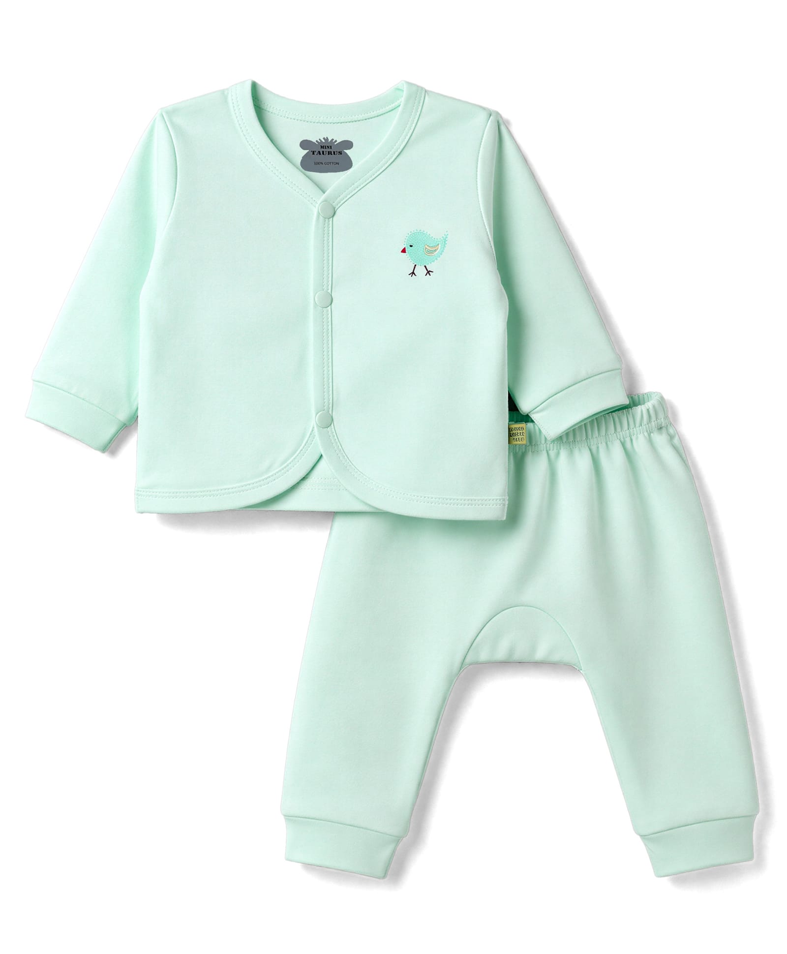 Mini Taurus Interlock Knit Full Sleeves Front Open T-Shirt & Pajama Night Suit With Bird Embroidered -Aqua-image-49