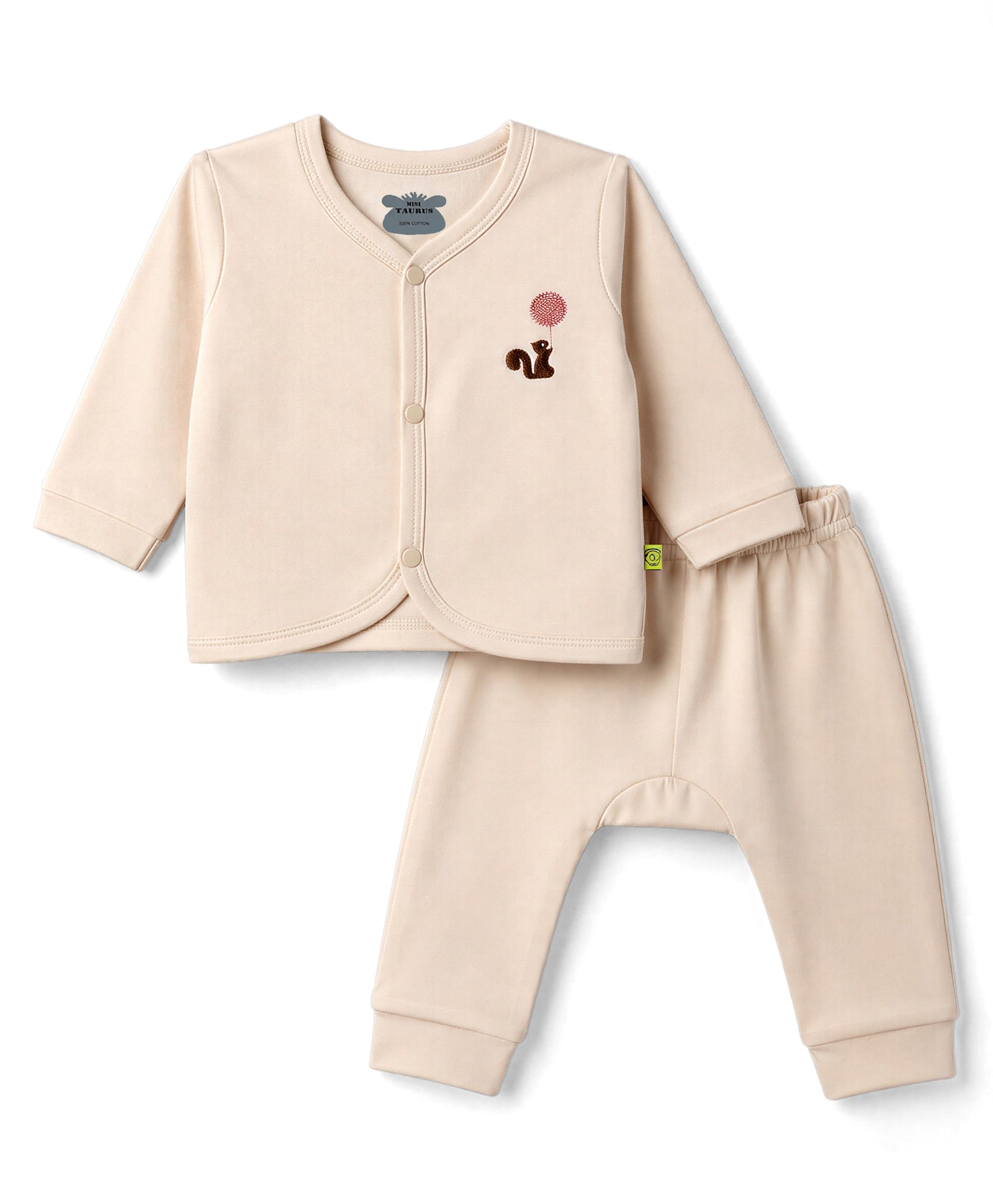 Mini Taurus Interlock Knit Full Sleeves Front Open T-Shirt & Pajama Night Suit With Squirrel Embroidered -Beige-image-44