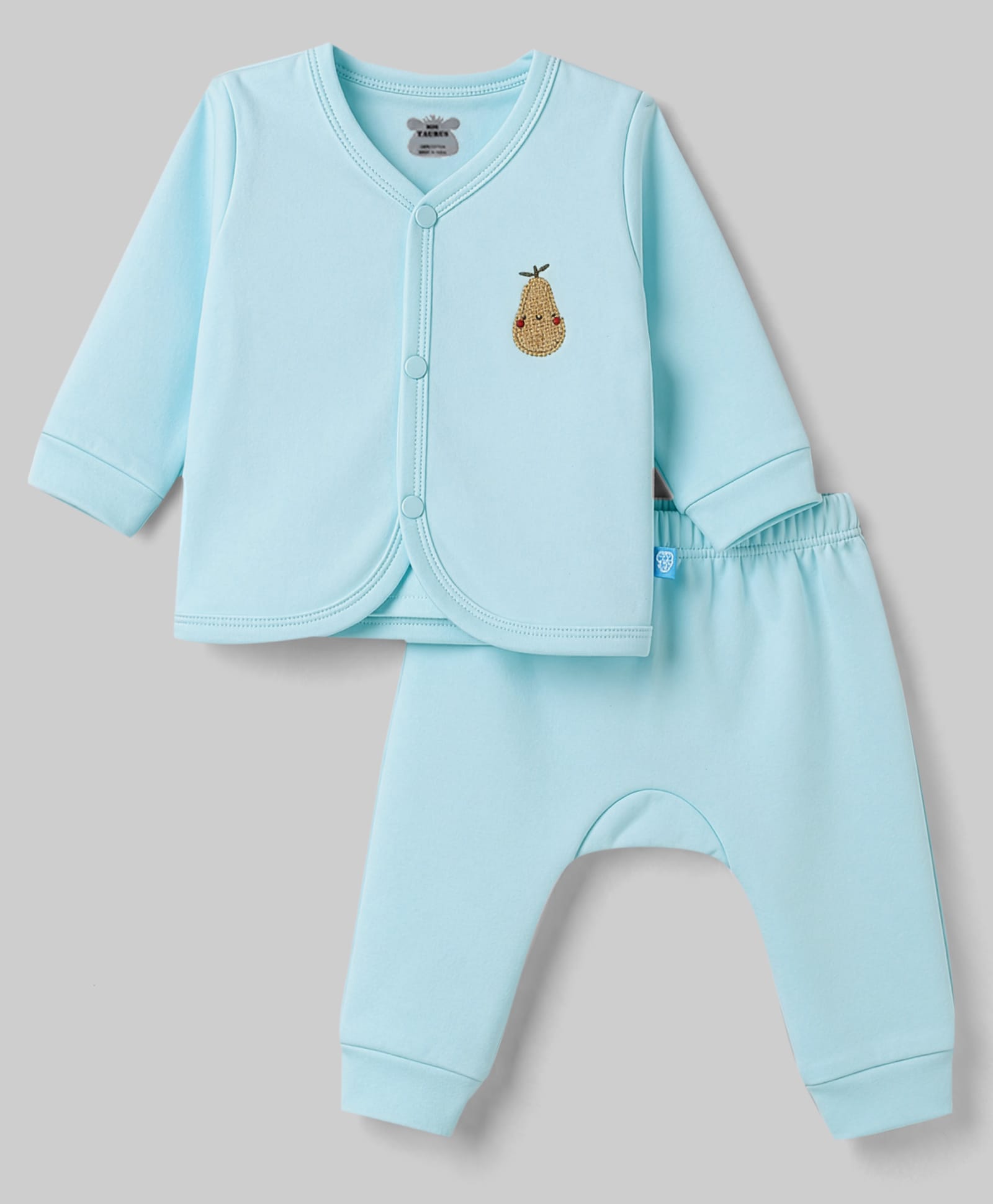 Mini Taurus Fleece Knit Full Sleeves T-Shirt & Pyjama Winter Night Suit with Pineapple Embroidery - Aqua Blue-picture-7