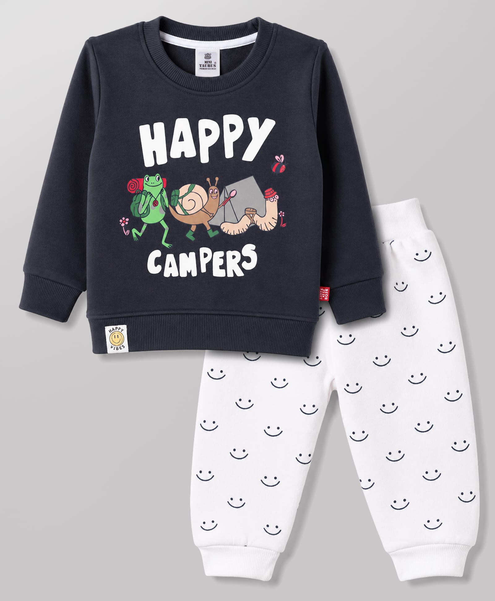 Mini Taurus Fleece Knit Full Sleeves T-Shirt & Pajama Night Suit with Frogs Print - Charcoal Grey-image-39