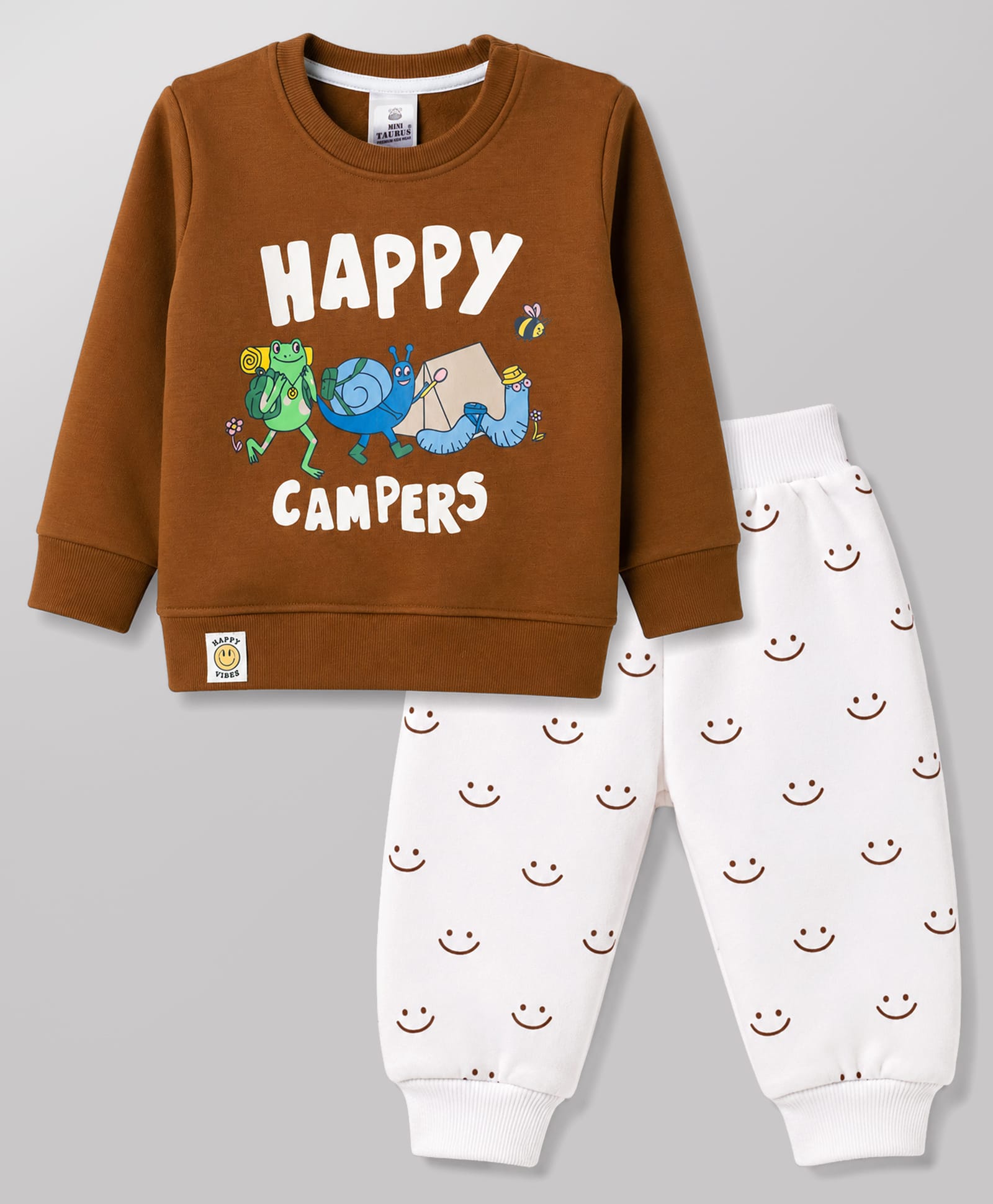 Mini Taurus Fleece Knit Full Sleeves T-Shirt & Pajama Night Suit with Frogs Print - Brown-image-43