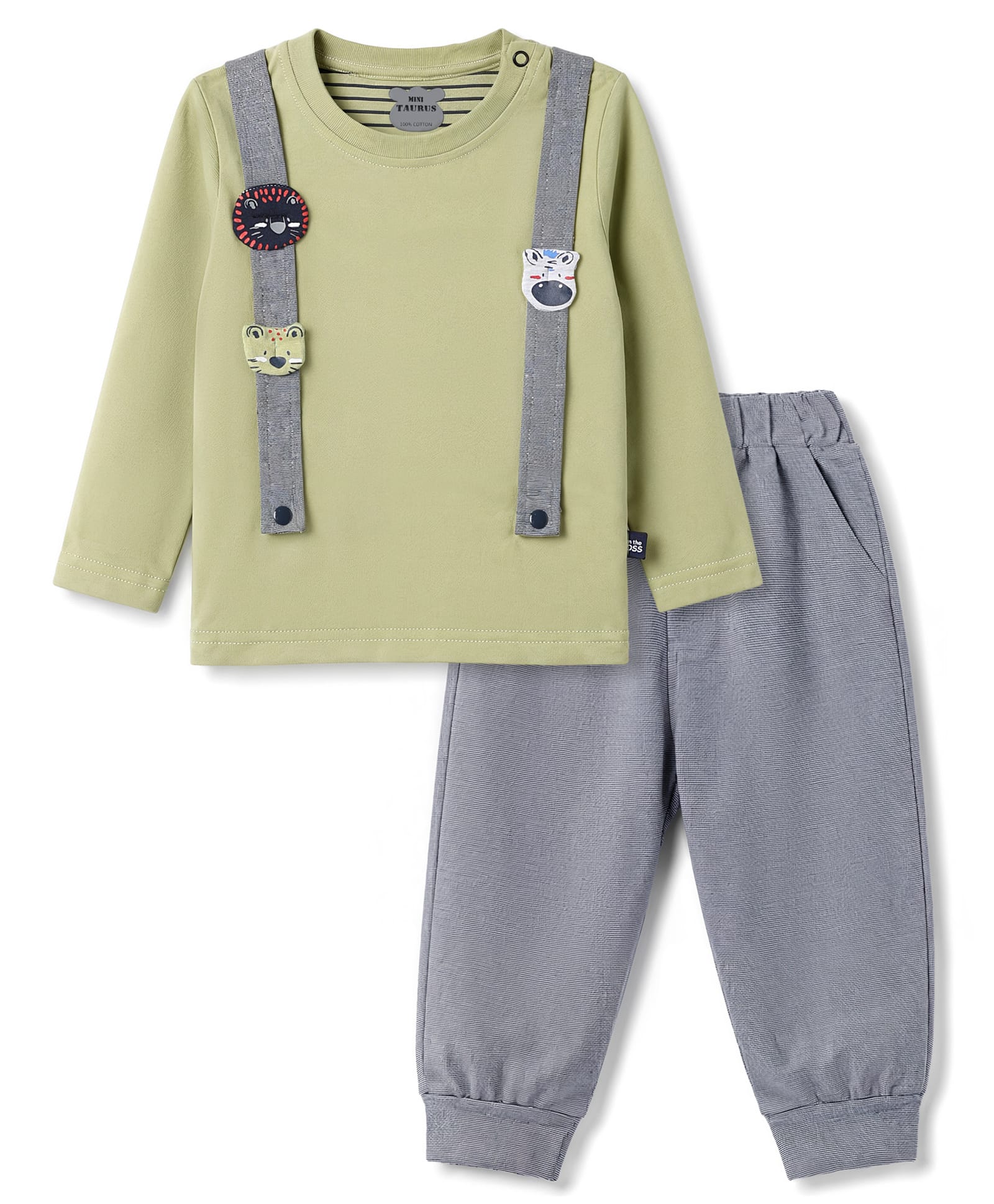 Mini Taurus Interlock Knit Full Sleeves T-Shirt & Lounge Pant Set Animal Patch - Blue-image-17