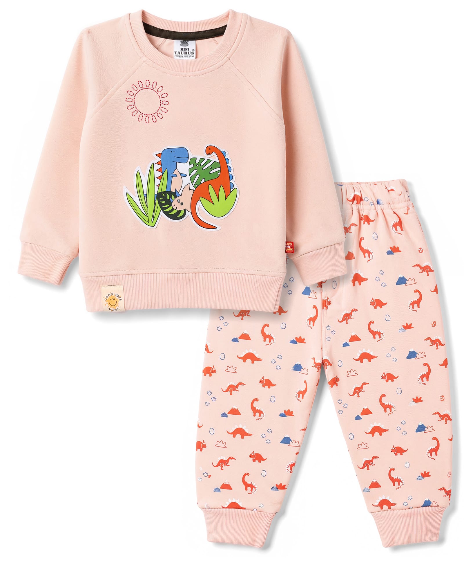 Mini Taurus Fleece Knit Full Sleeves T-Shirt & Pyjama Winter Night Suit with Dino Print - Peach-picture-3