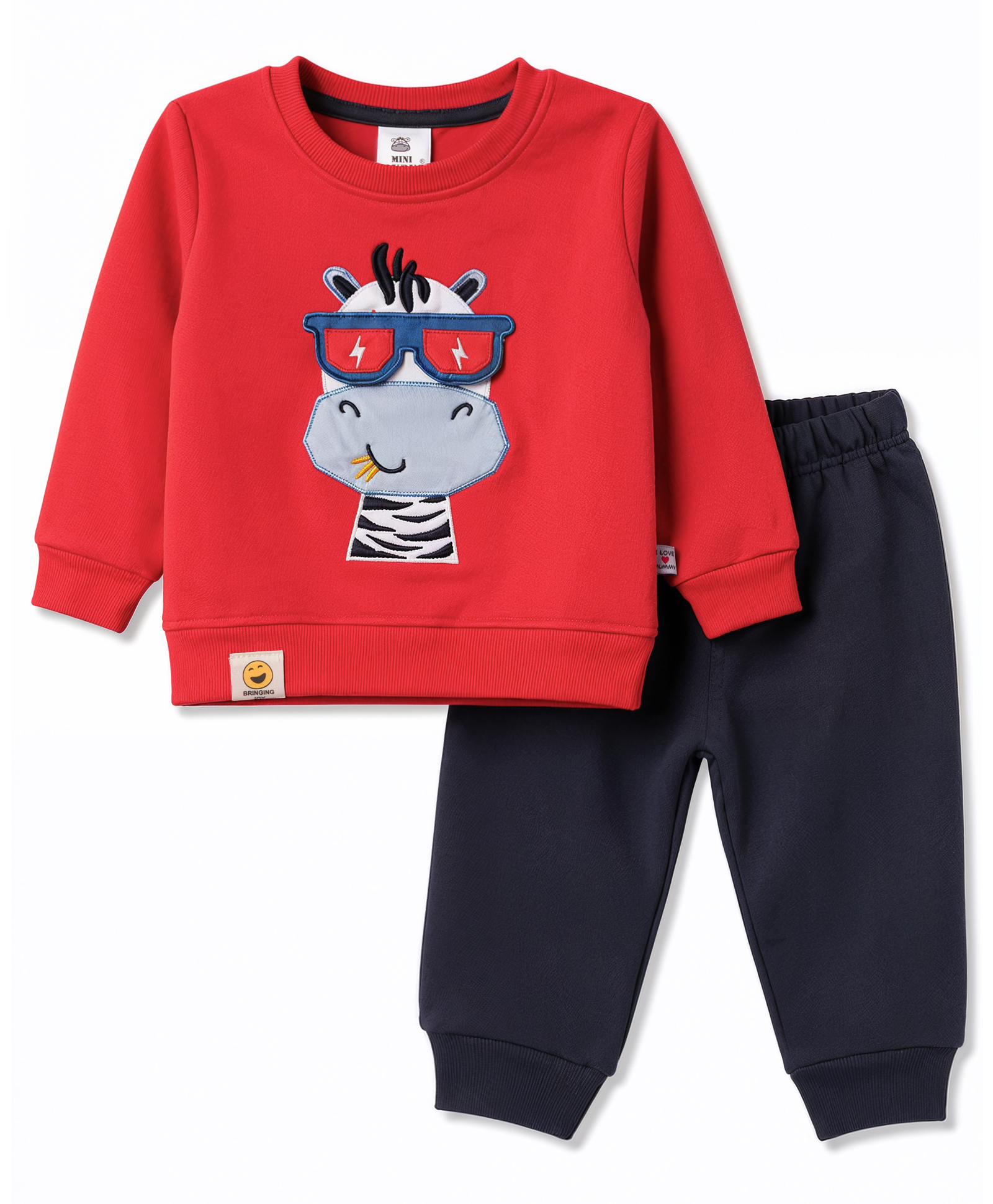 Mini Taurus Fleece Knit Full Sleeves Winter Wear T-Shirt & Lounge Pant Set Zebra Patch - Red-picture-19