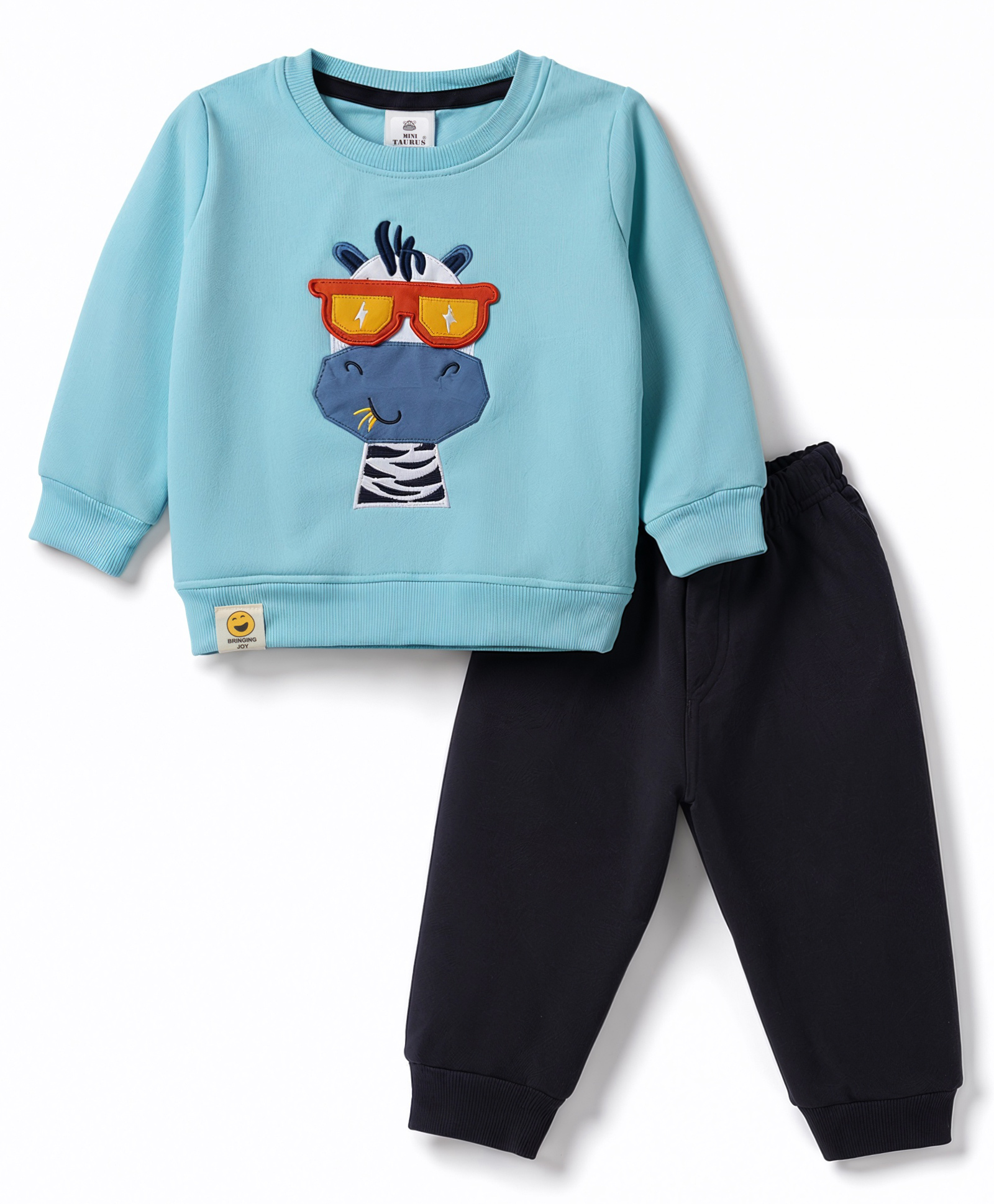 Mini Taurus Fleece Knit Full Sleeves Winter Wear T-Shirt & Lounge Pant Set Zebra Patch - Light Blue-picture-19