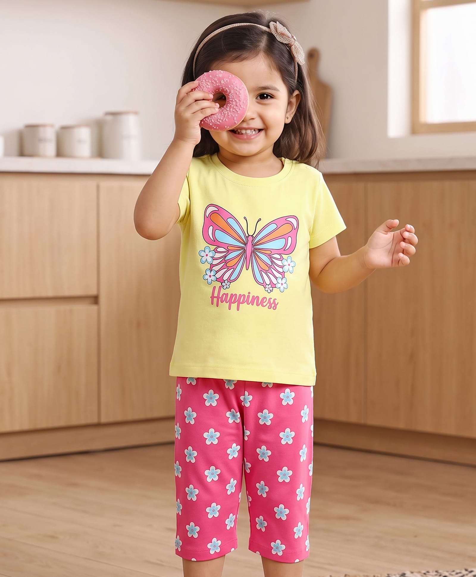 Babyhug Cotton Knit Half Sleeves T-Shirt & Capri Night Suit With Butterfly & Floral Print - Yellow / Pink-image-44