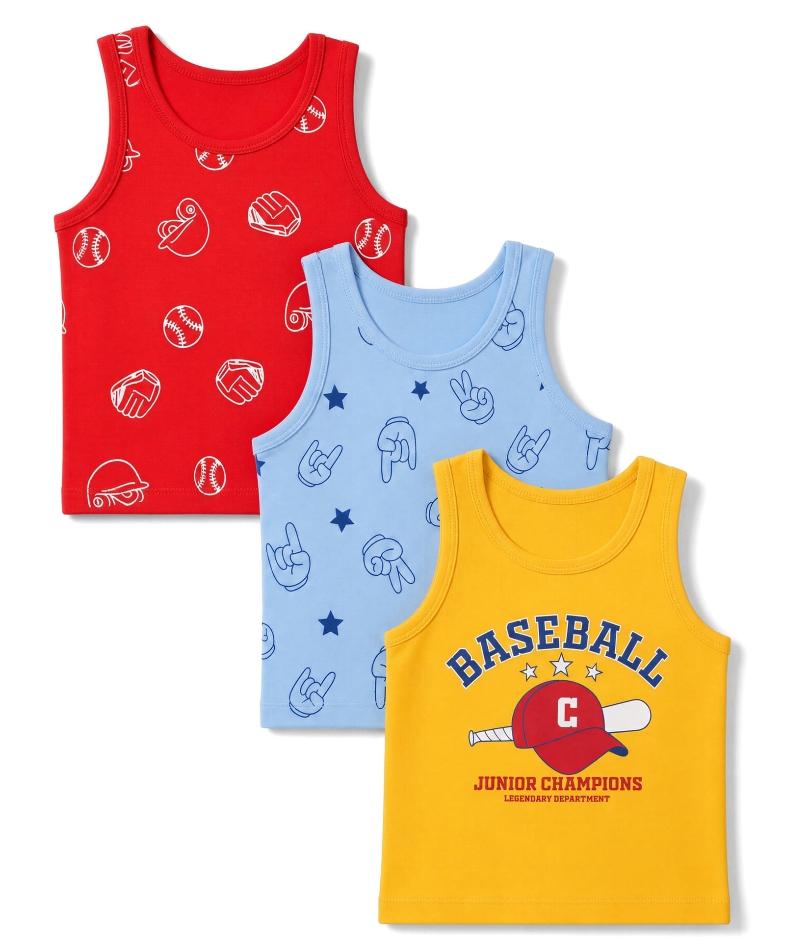 Doodle Poodle 100% Cotton Single Jersey Knit Sleeveless Vest with Base Ball Print Pack of 3- Red Yellow & Blue-picture-28