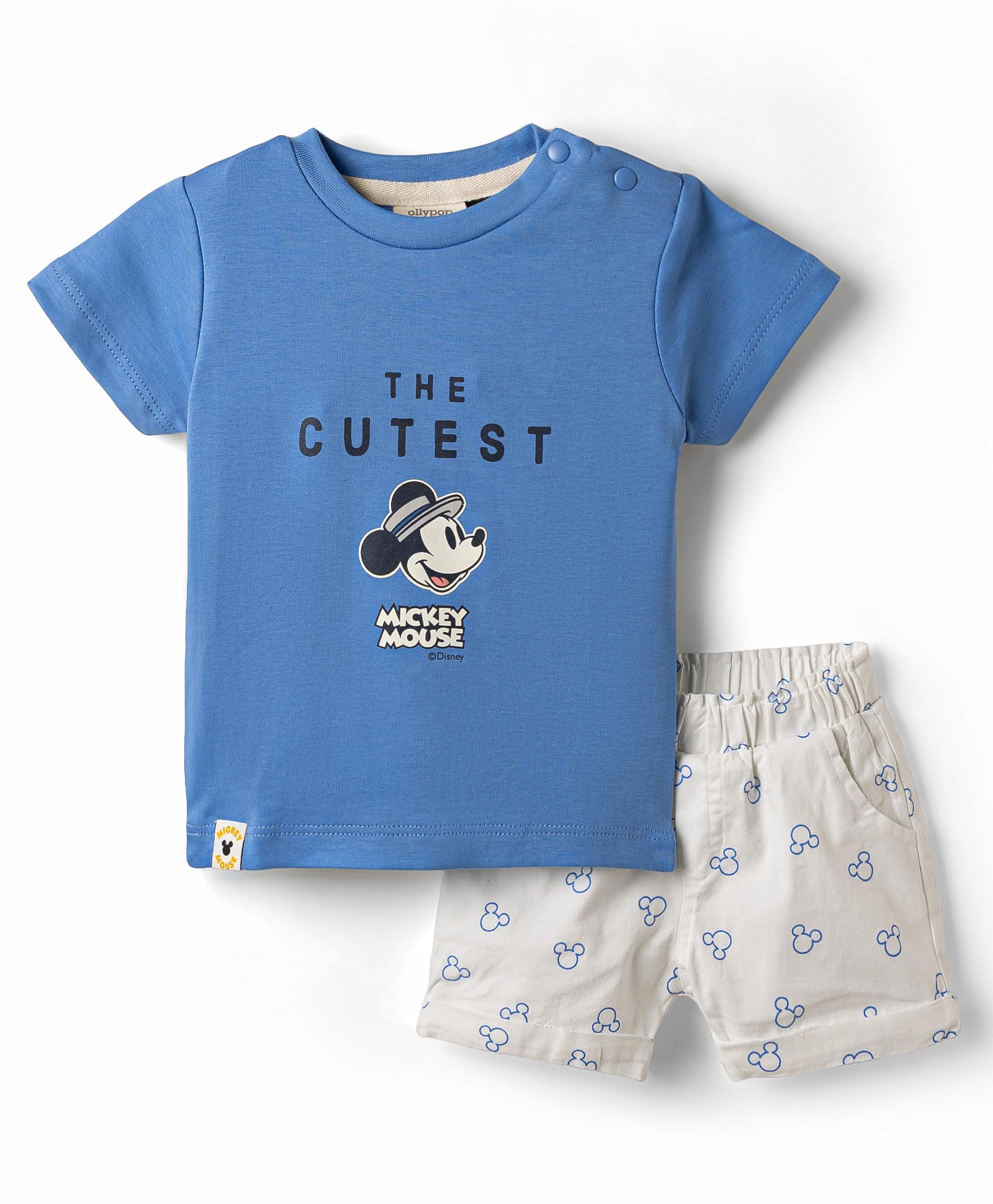 Ollypop Interlock Knit Half Sleeves T-Shirt & Shorts Set With Mickey Mouse Graphic & Heart Print - Blue-picture-12