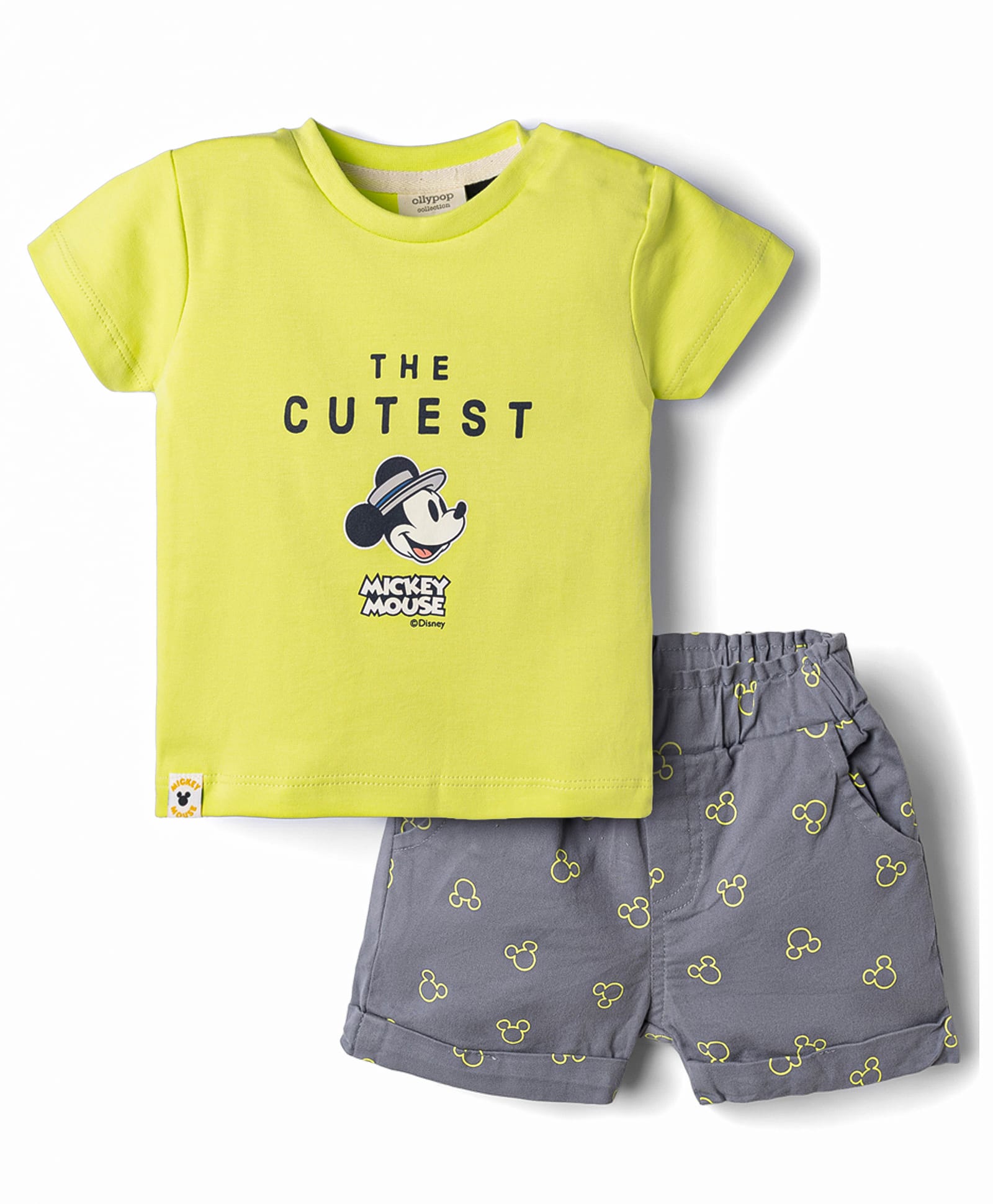Ollypop Interlock Knit Half Sleeves T-Shirt & Shorts Set With Mickey Mouse Graphic & Heart Print - Lemon-picture-28
