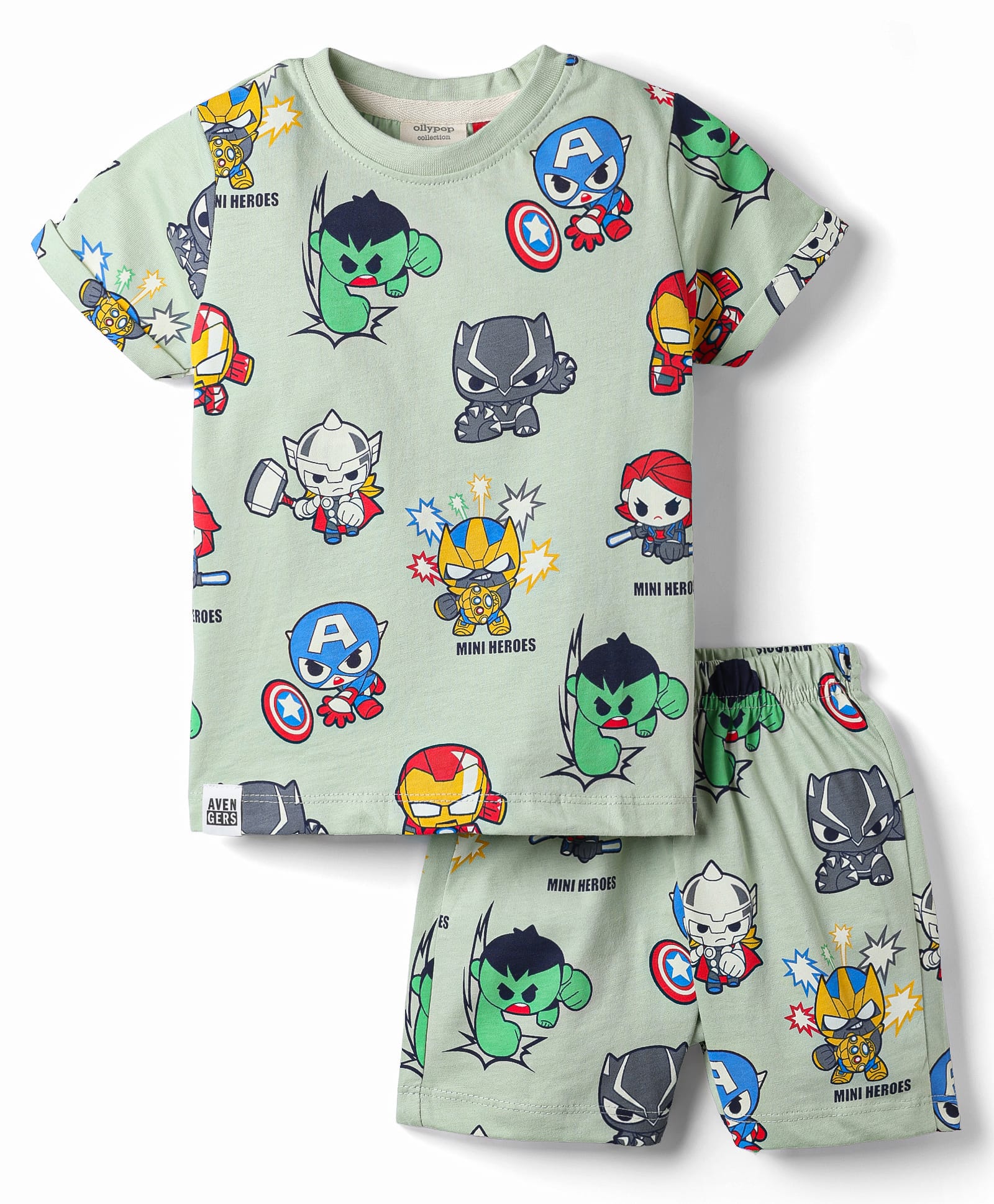 Ollypop Sinker Knit Half Sleeves T-Shirt & Shorts Co-ords Night Suit With Marvel Graphic- Light Green-image-40