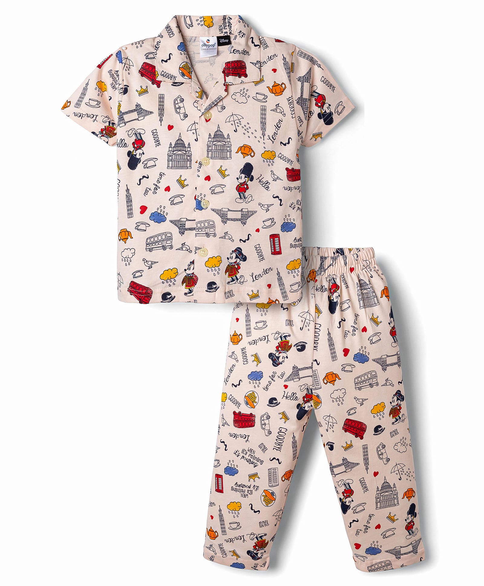 Ollypop Sinker Knit Half Sleeves Shirt & Pyjama Co-ords Night Suit With Mickey Mouse Graphic- Pink-image-12