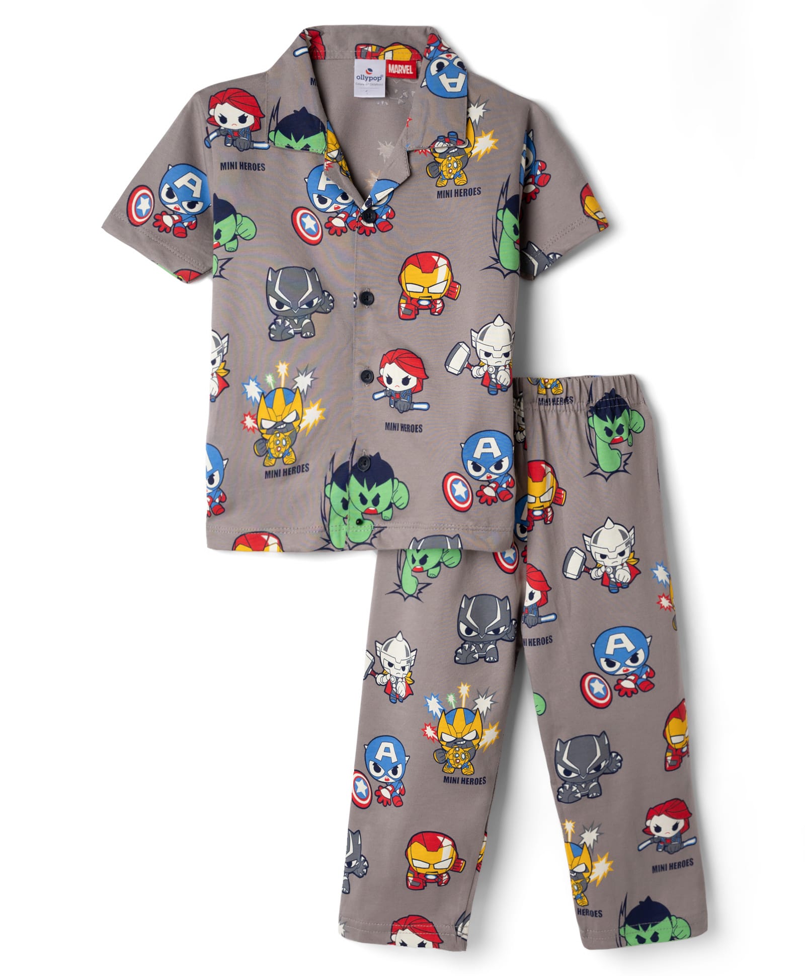 Ollypop Marvel Knit Half Sleeves Shirt & Pyjama Co-Ords Night Suit With Avengers Graphics- Grey-picture-35