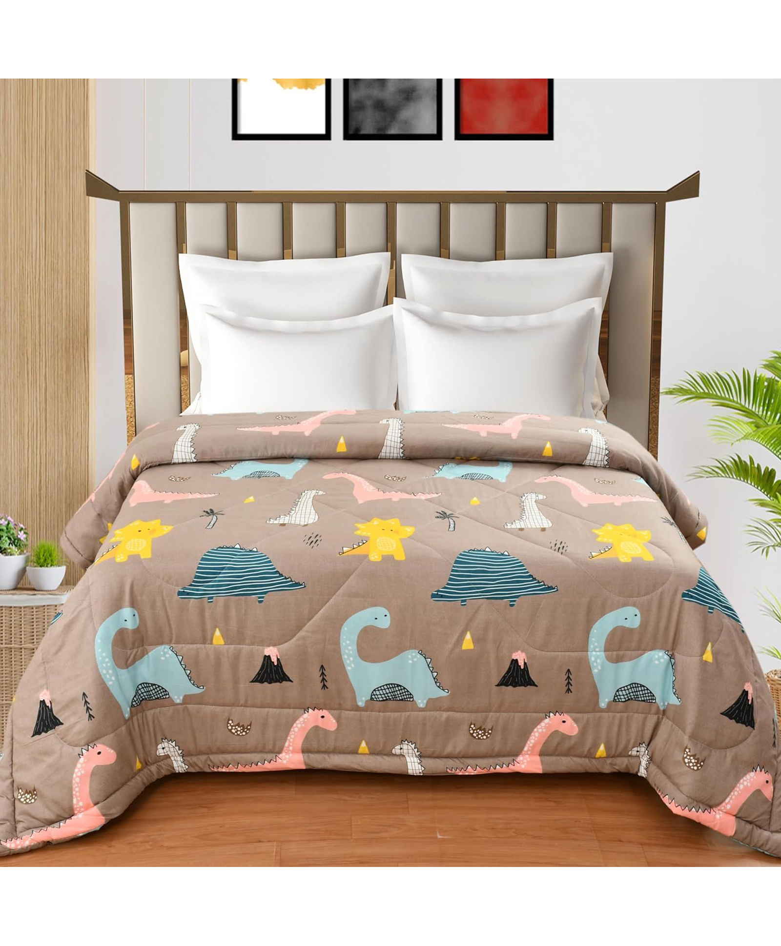 Morado Premium Kids Reversible Comforter for Double Bed 90x100 Inches | 130 TC | Ultra Soft Glace Cotton Comforter | Lightweight, Cozy & Breathable Printed Bedding for Kids Bedroom, Brown Dinosaur-image-4