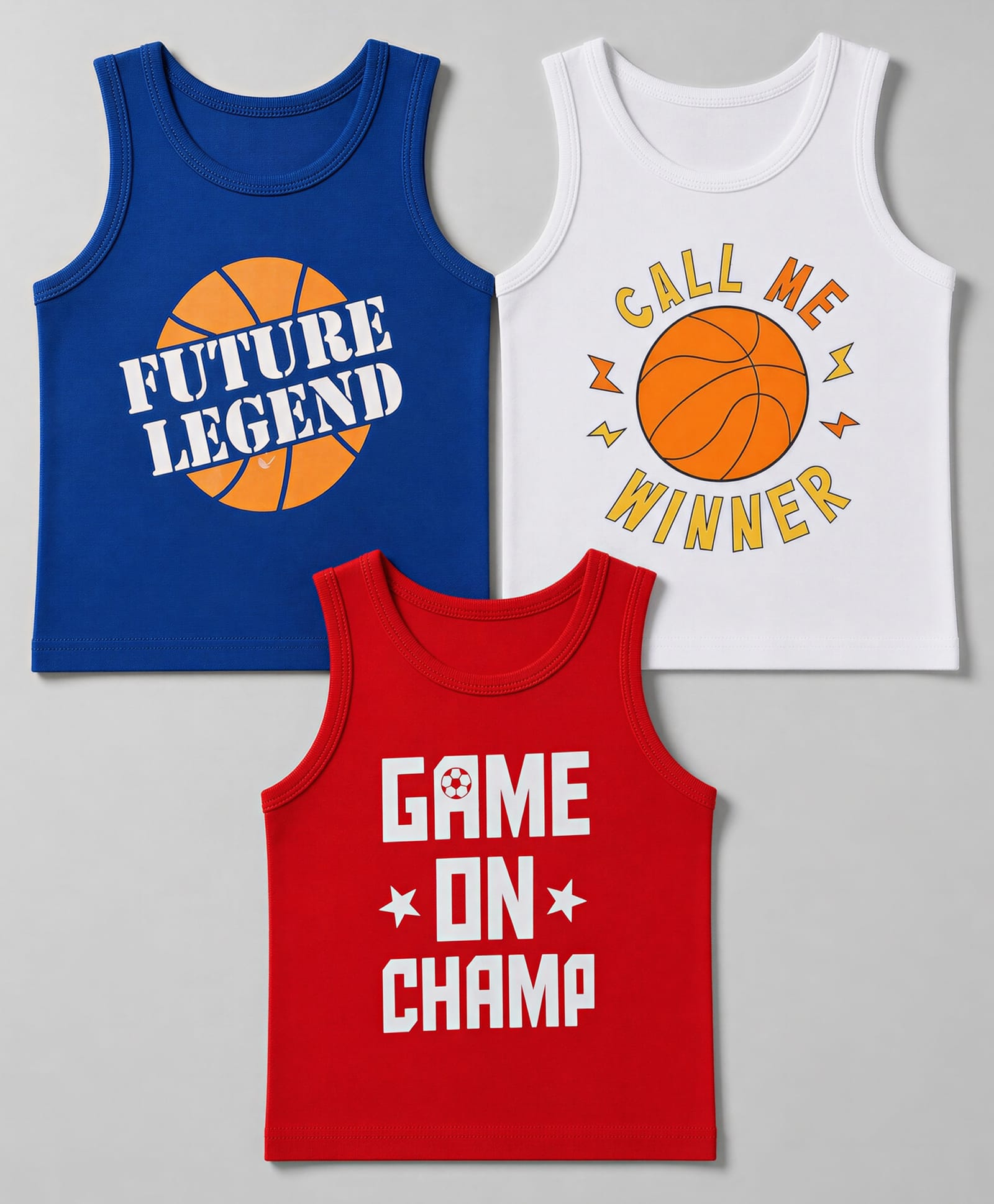 Doodle Poodle 100% Cotton Single Jersey Knit Sleeveless Vests With Text & Basketball Print Pack of 3 - White, Red & Navy Blue-picture-10