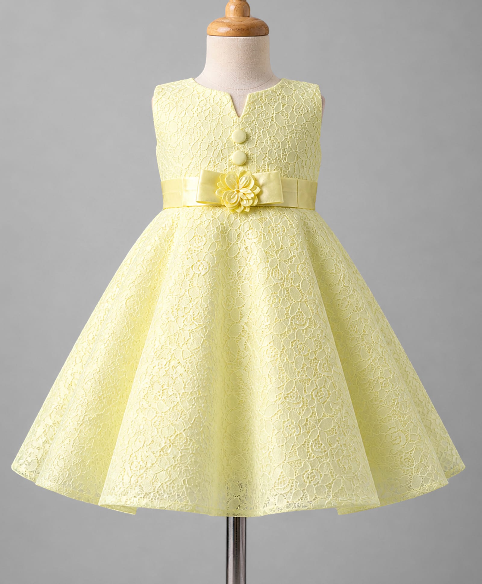 Blabber Sleeveless Floral Applique Detailed & Embroidered Knee Length Pleated Dress - Yellow-image-46