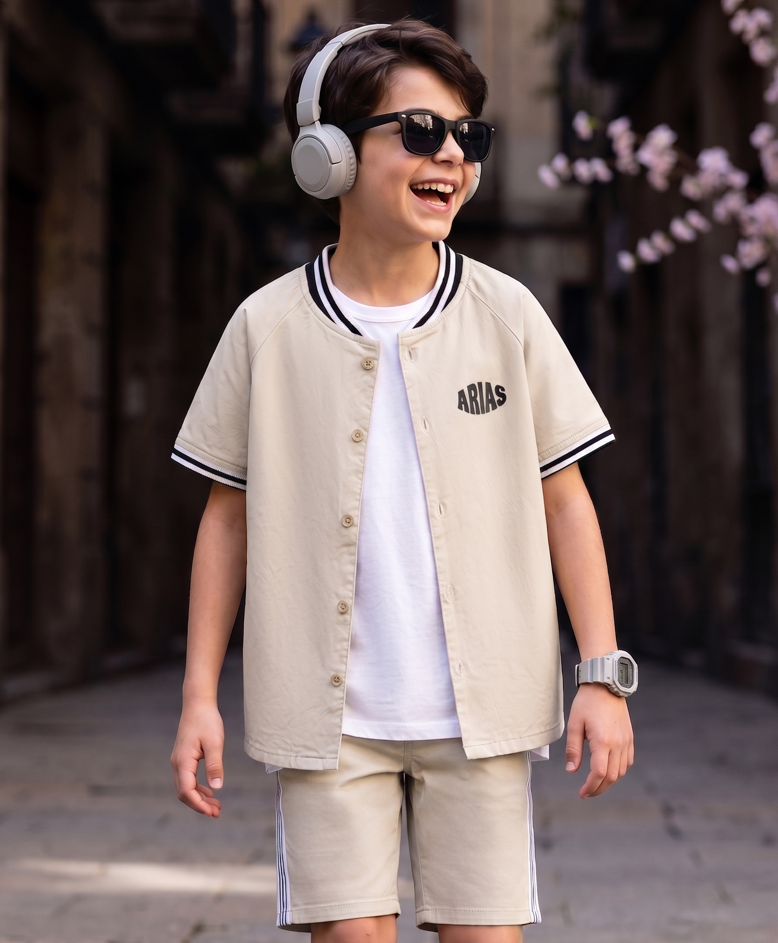 arias by lara dutta Arias Cotton Woven Half Sleeves Ribbed Collar Shirt & Shorts Set With T-Shirt - Beige-picture-37