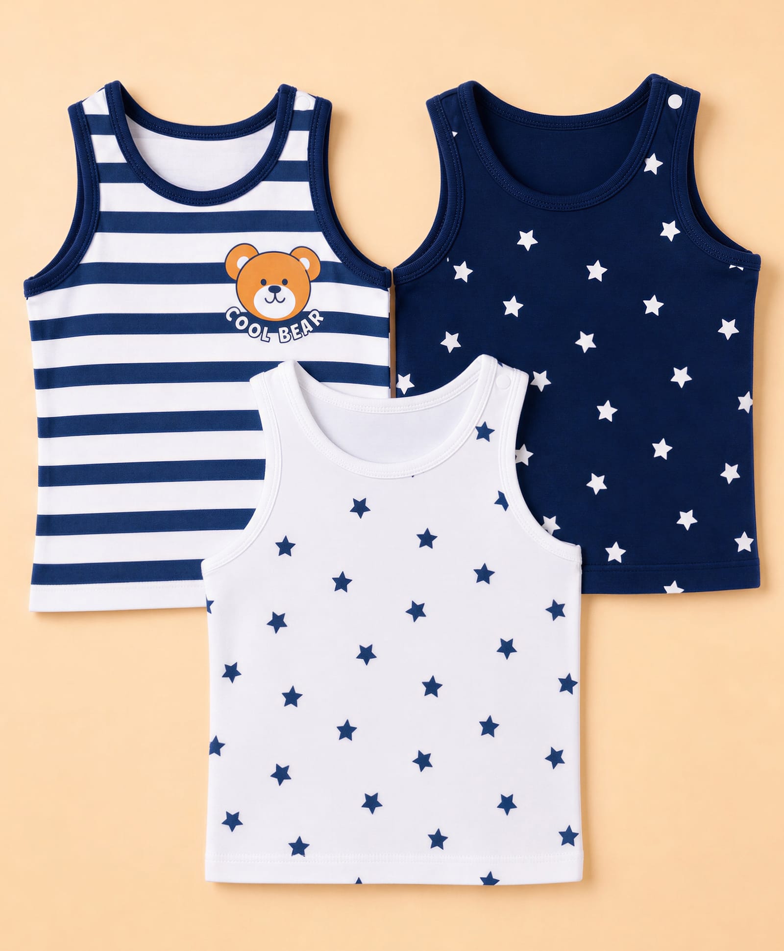 Doodle Poodle 100% Cotton Single Jersey Knit Striped Sleeveless Vest with Bear & Star Print Pack of 3- Navy & White-image-28