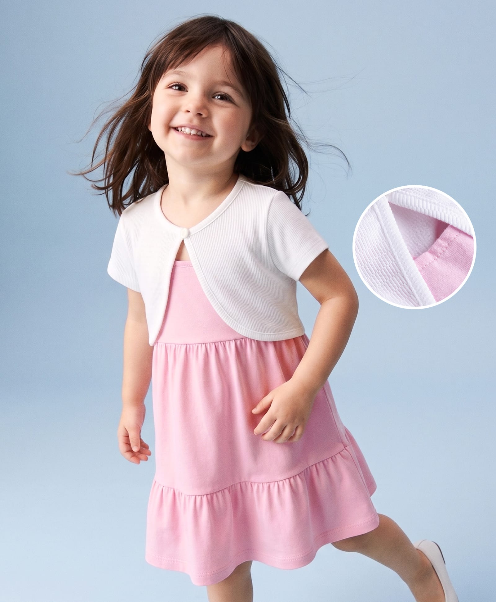Babyhug Single Jersey Knit Solid Color Tiered Frock with Half Sleeves Shrug - Pink-image-1
