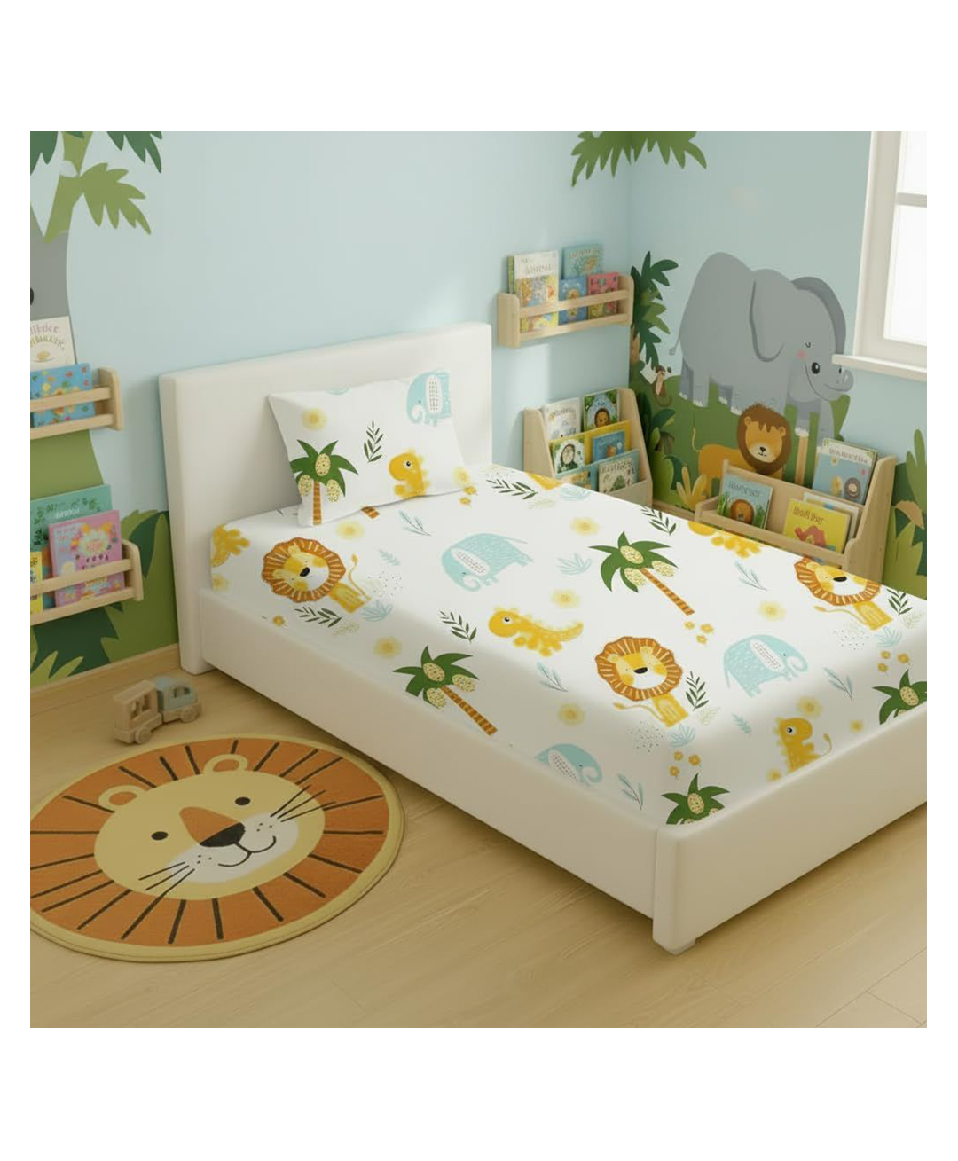Filymore Lion Elastic Fitted Bedsheet for Single Bed, 240 TC, Pure Microfiber, 1 Bedsheet & 1 Pillow Cover, Fits Up to 6-Inch Mattress- White & Yellow-image-10