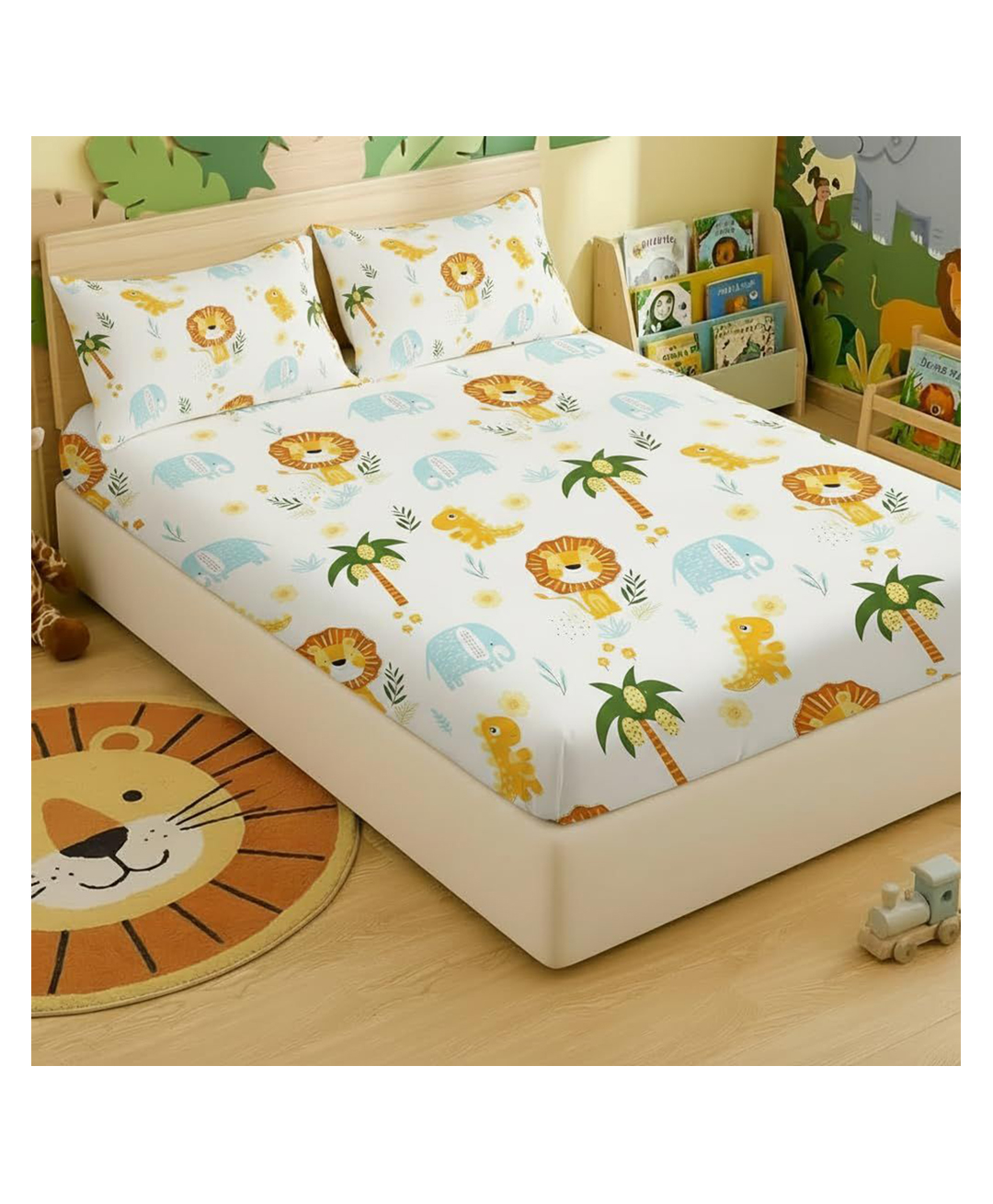 Filymore Cute Lion Elastic Fitted Bedsheet for Single Bed with 2 Pillow Covers, Soft Microfiber, Fits Up to 6-Inch Mattress- White & Yellow-image-11