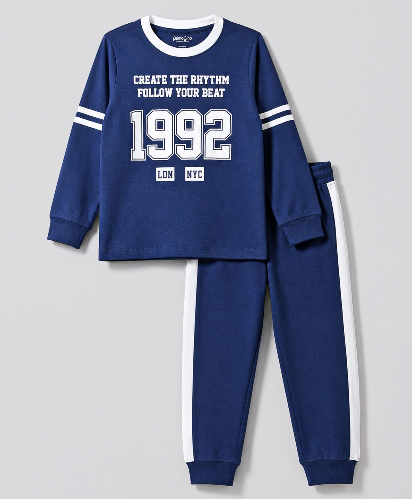 Primo Gino 100% Cotton Knit Full Sleeves T -Shirt & Pyjama Night Suit Text Print - Navy Blue-image-42