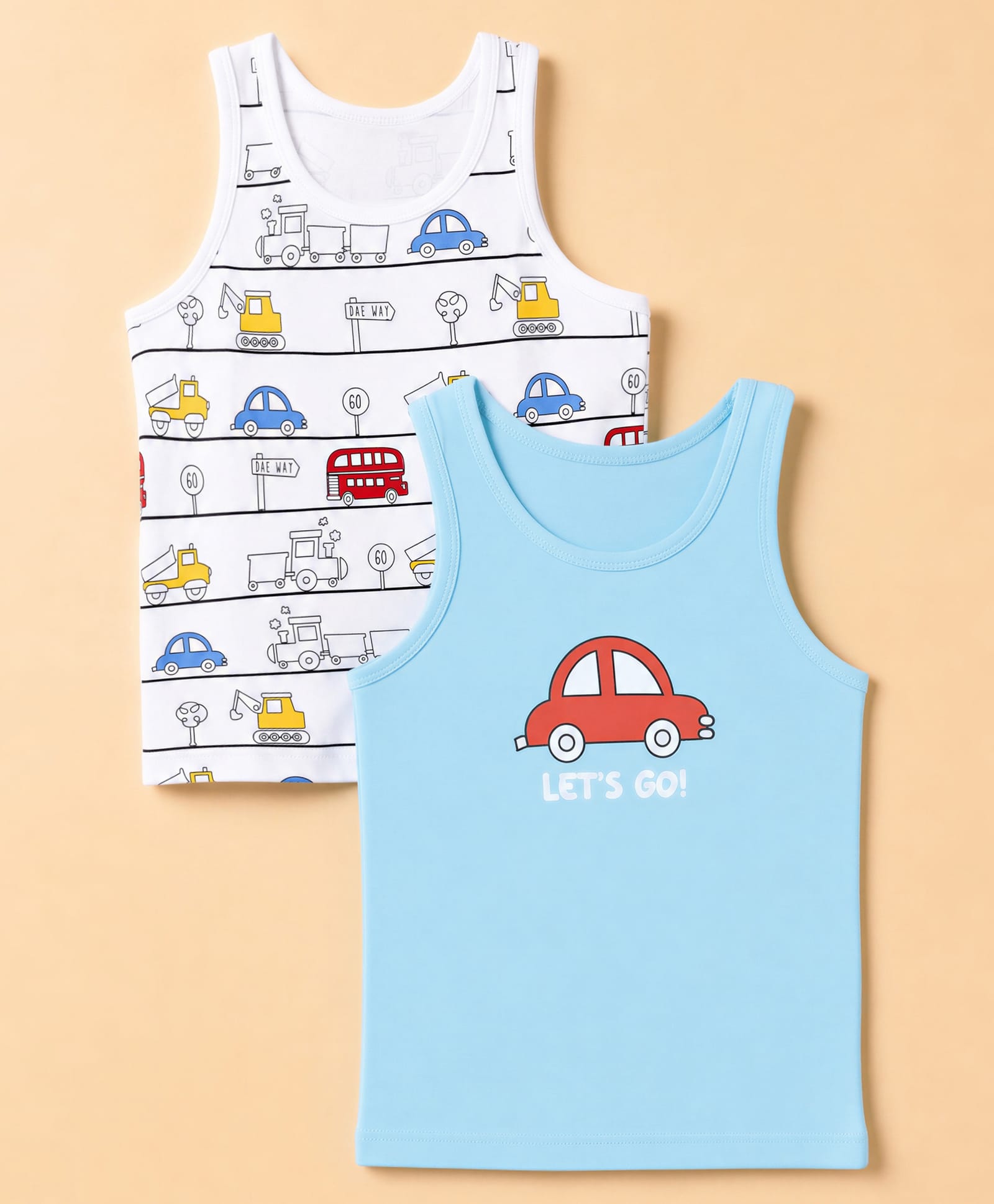 Doodle Poodle 100% Cotton Knit Vehicle Printed Sleeveless Vest Pack of 2 - White & Blue-image-43