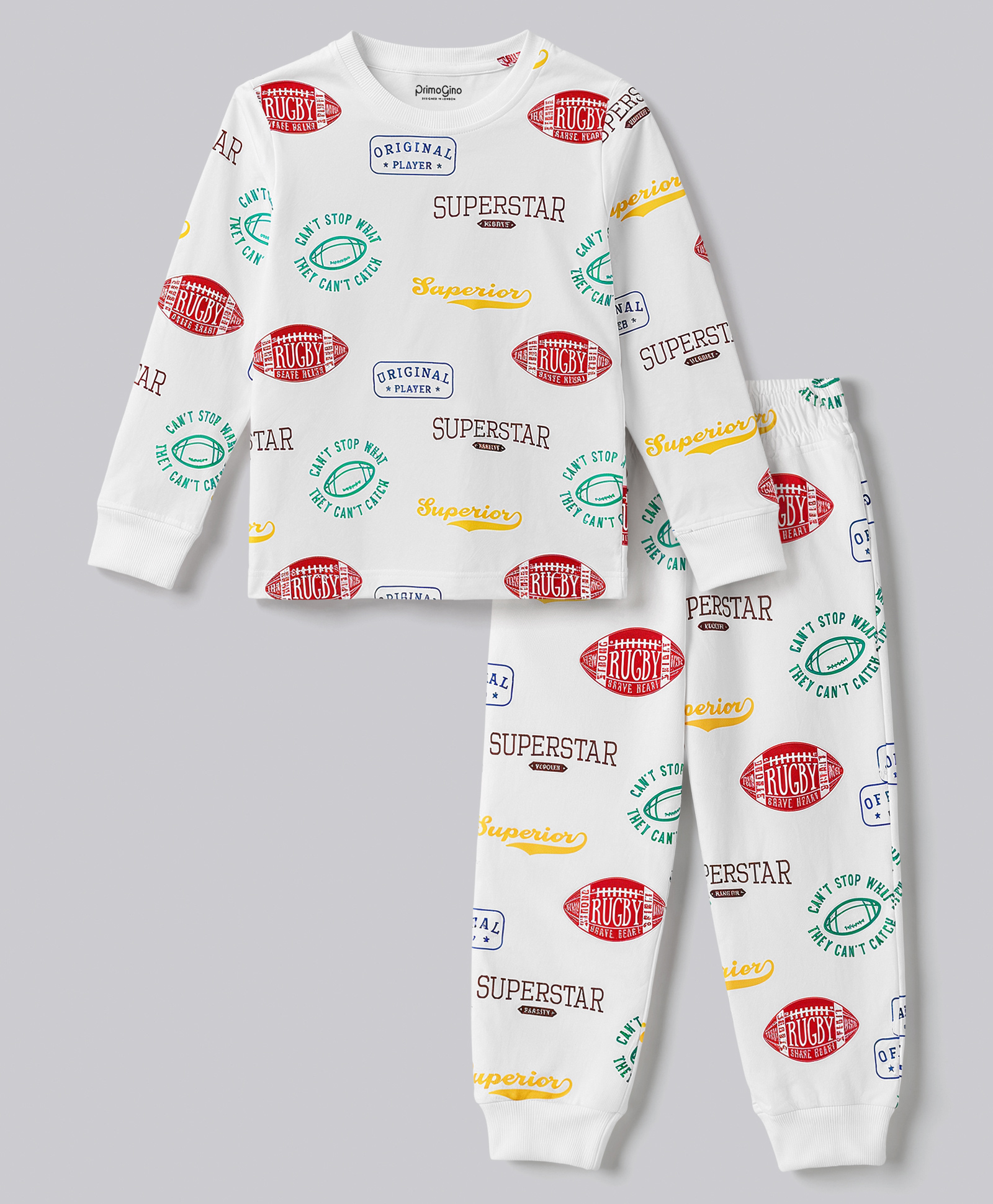 Primo Gino 100% Cotton Knit Rugby Printed Full Sleeves Co-Ords T-Shirt & Pajama Night Suit - White-image-46