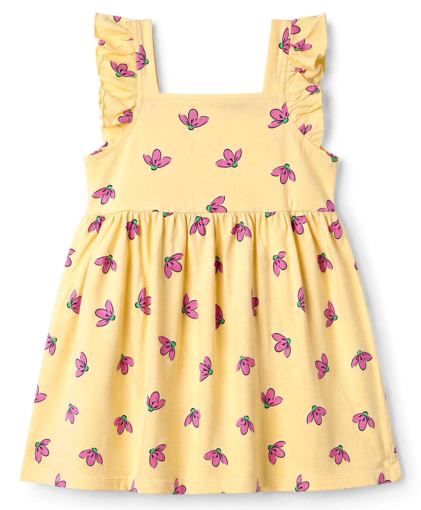 Babyhug Cotton Knit Frock with Ruffle Sleeves and Floral Print - Yellow-picture-28