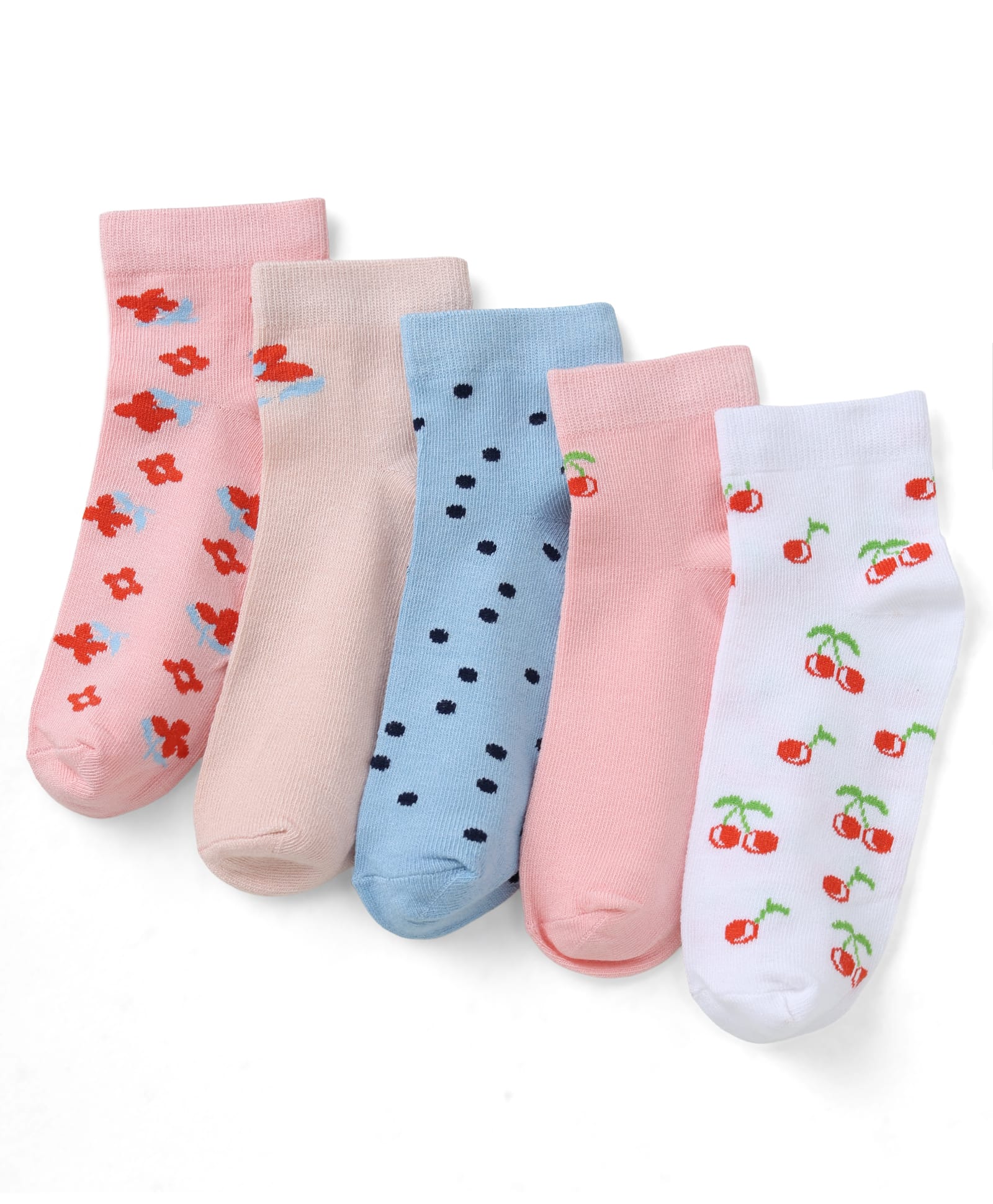 Honeyhap Premium Cotton Bamboo Spandex Blend Knit Socks with Floral Cherry & Polka Dots Design with Bio Finish Pack of 5 - Gossamer Pink, Bright Whiote, Blue-picture-9