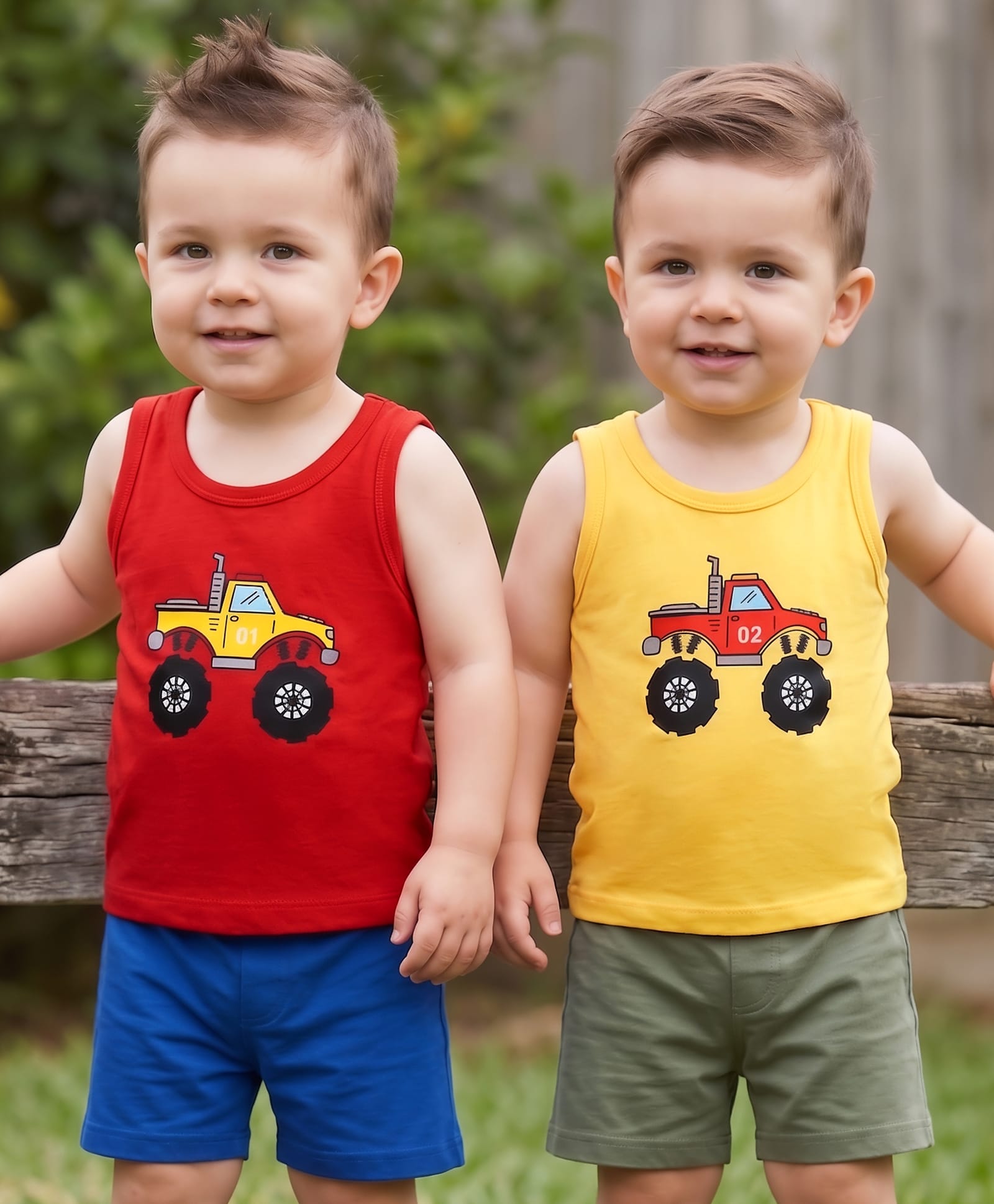 Doodle Poodle 100% Cotton Single Jersey Knit Sleeveless Jhablas With Vehicle Print Pack Of 2 - Yellow & Red-picture-47