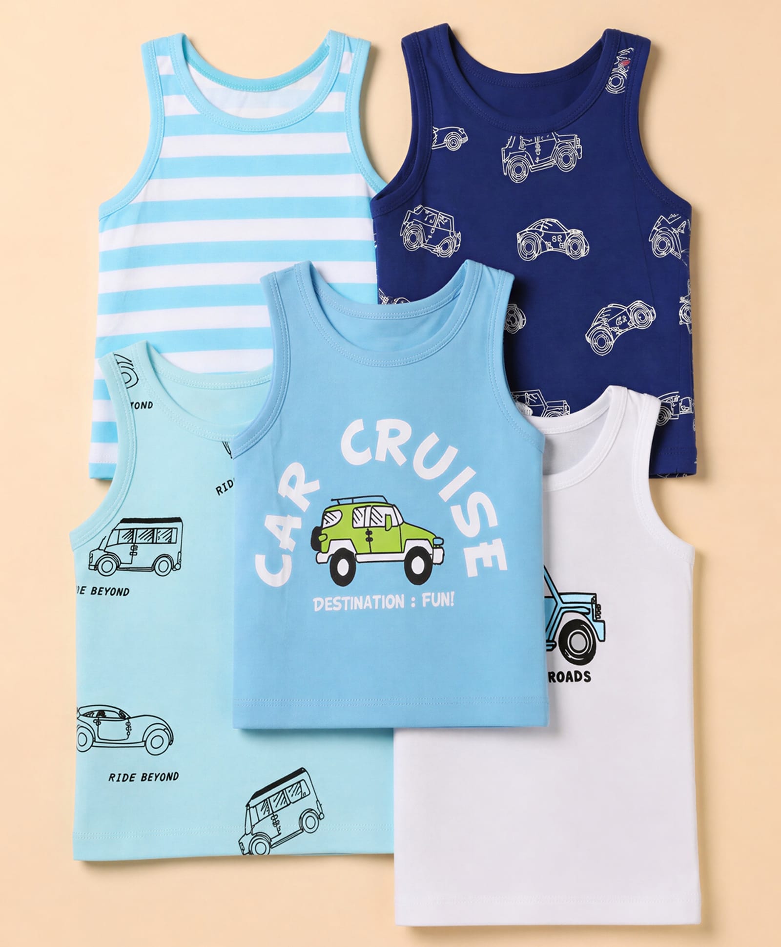 Doodle Poodle 100% Cotton Single Jersey Knit Sleeveless Stripped Vests with Vehicle Print Pack of 5 - Blue White Navy Blue-picture-3
